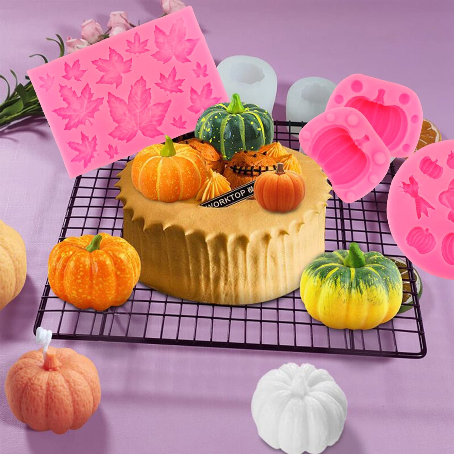 6Pcs 3D Pumpkin Mold Fall Maple Leaf Silicone Mold Mini Pumpkin Scarecrow Shape Chocolate Mold Halloween Thanksgiving Cake Molds Fondant Candy Mold for Cupcake Toppers Resin Candle Soap Baking Molds