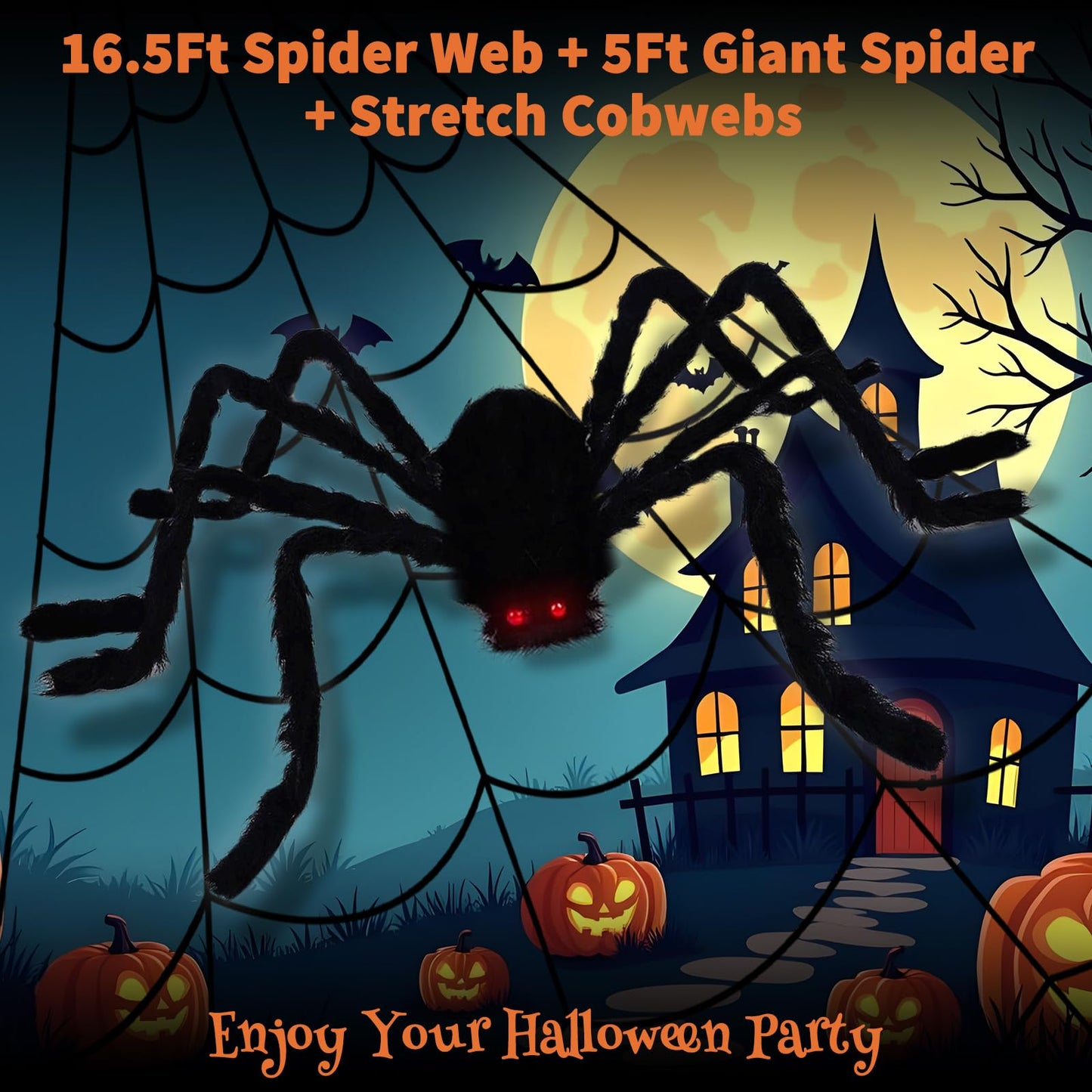 16.5Ft Giant Spider Web + 5Ft Hairy Spider & Stretch Cobwebs - CJYGEGE Halloween Decorations Scary Fake Spider with Triangular Huge Spider Web Large Props for Outdoor Indoor Haunted House Porch Yard