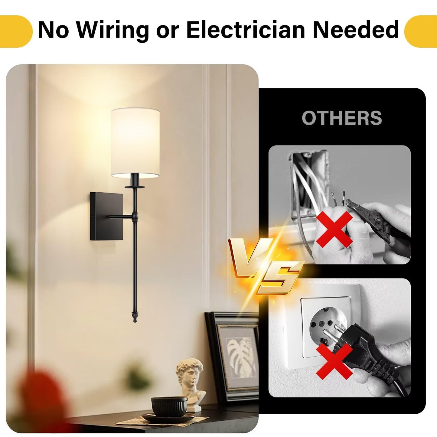 24.8 Inch Black Battery Operated Wall Sconces Set of 2, Rechargeable Wireless Wall Lights with Remote & White Fabric Shade, Indoor Not Hardwired Dimmable Wall Lamps For Bedroom, 2 Bulbs Included