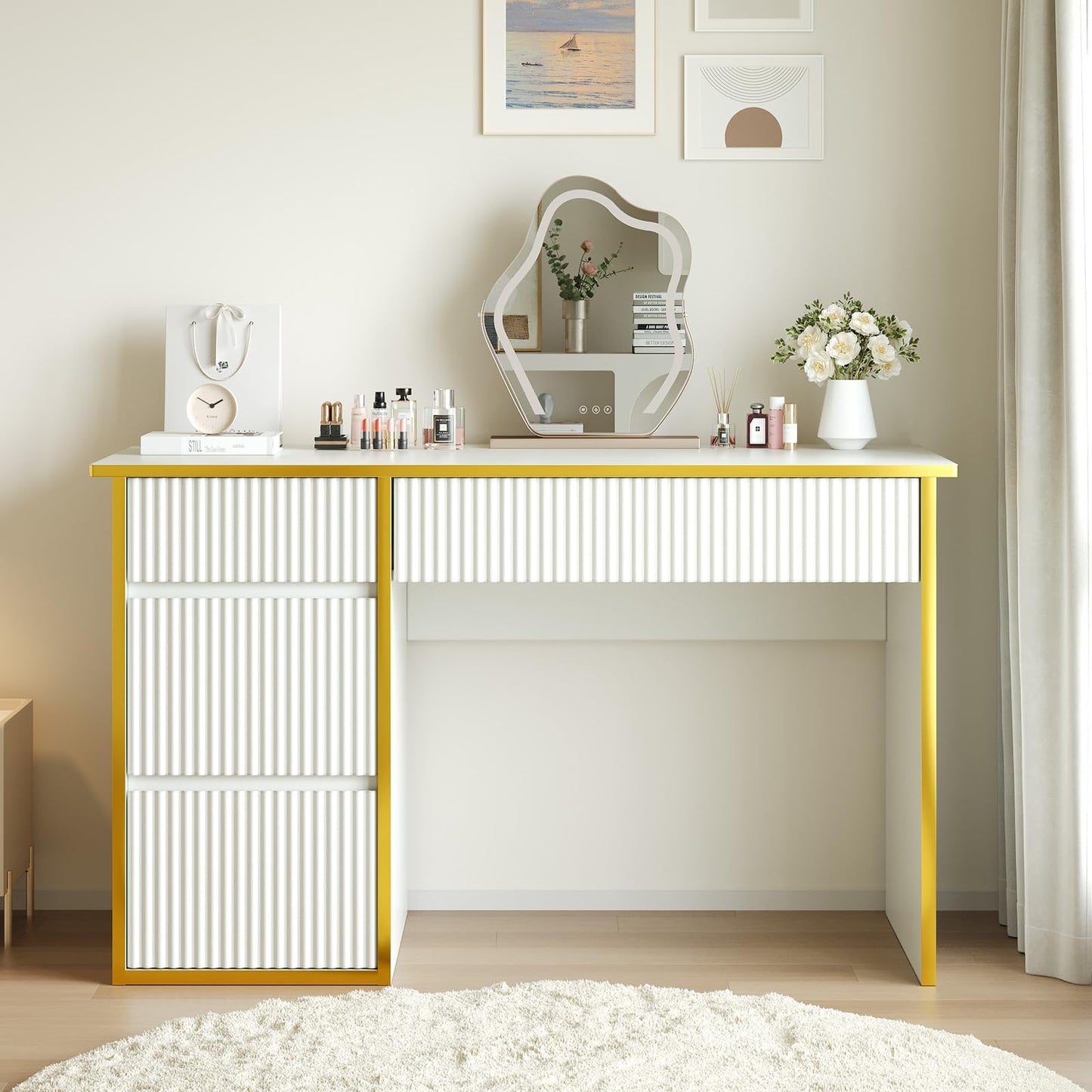 4 EVER WINNER White Desk with Drawers, 47 Inch Computer Desk with 4 Drawers & Hidden Handle, Home Office Desks with Storage Vanity Writing Table for Study, White and Gold Desk