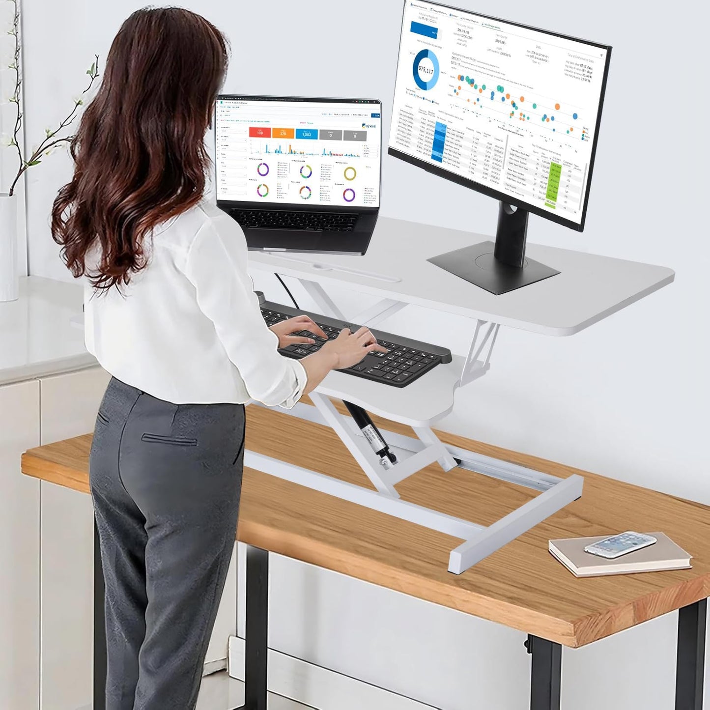 37 Inch Standing Desk Converter - Manual Pneumatic Spring, Two Monitor Stable Standing Desk Converter, 5.9” to 18.8” Height Adjustable Laptop Workstation with Keyboard Tray for Home, Company(White)