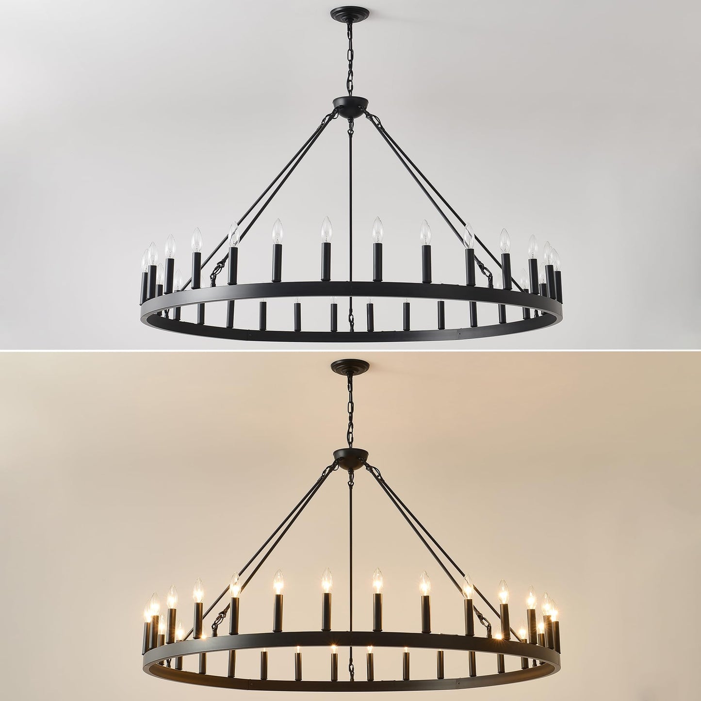 53 Inch Large Black Wagon Wheel Chandelier 30-Light Farmhouse Wagon Wheel Chandeliers Round Industrial Ceiling Light fixtures for Outdoor Porch high Ceilings Living Dining Room Foyer Entryway