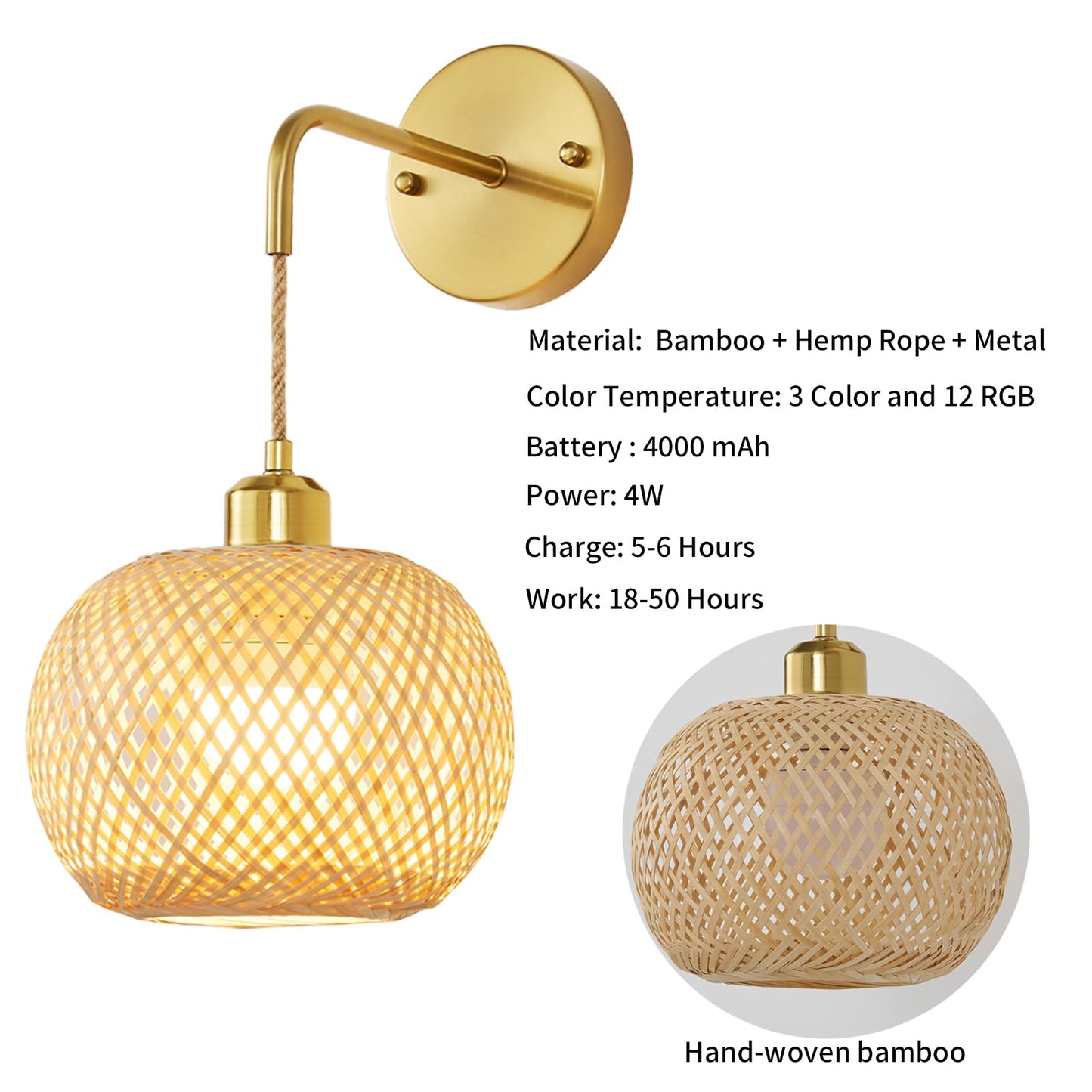 Vitnucrol Gold Battery Operated Wall Sconces Set of 2 with Remote, Rechargeable Rattan Battery Powered Wall Lights/Lamps, Wireless Boho Lighting Fixtures for Bedroom Farmhouse, 15 Colors Dimmable