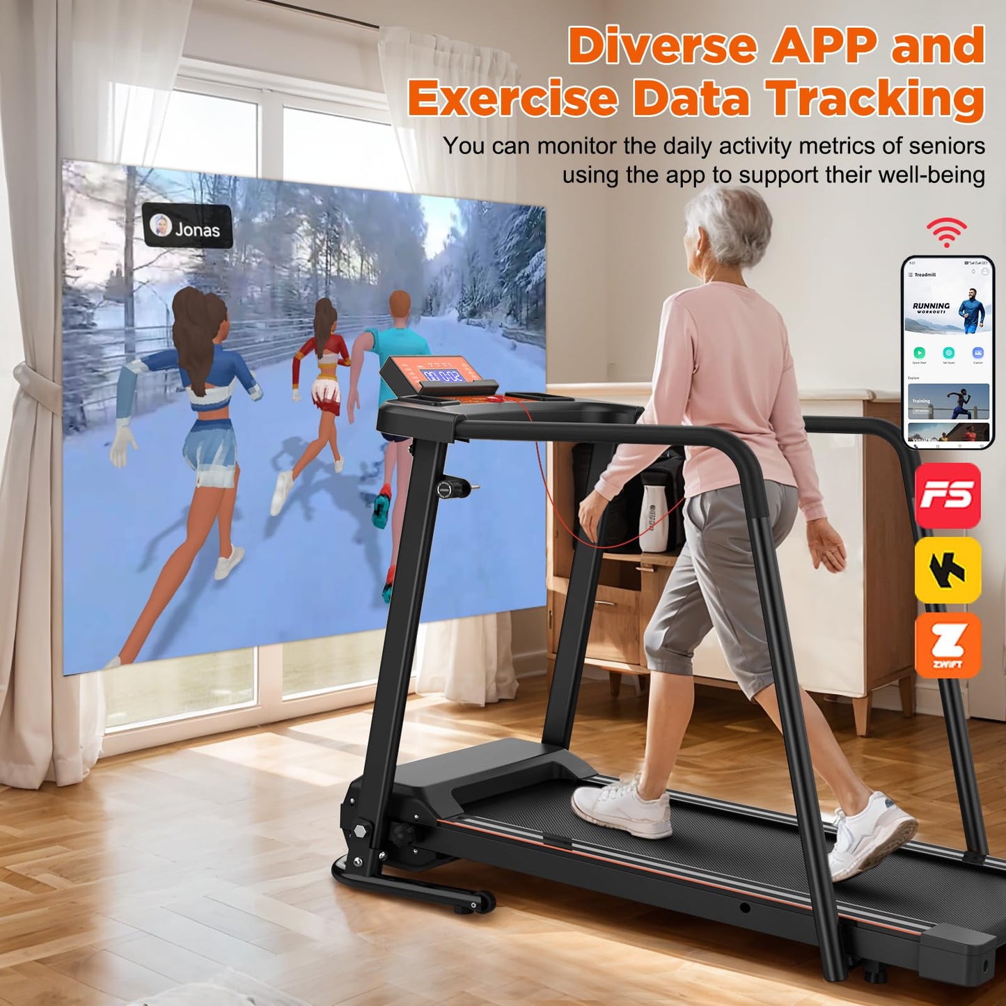 Walking Treadmill for Senior with Long Handrail Foldable Recovery Fitness Exercise Machine with Cup Holder LCD Display 300 lbs Weight Capacity for Home,APP Contorl