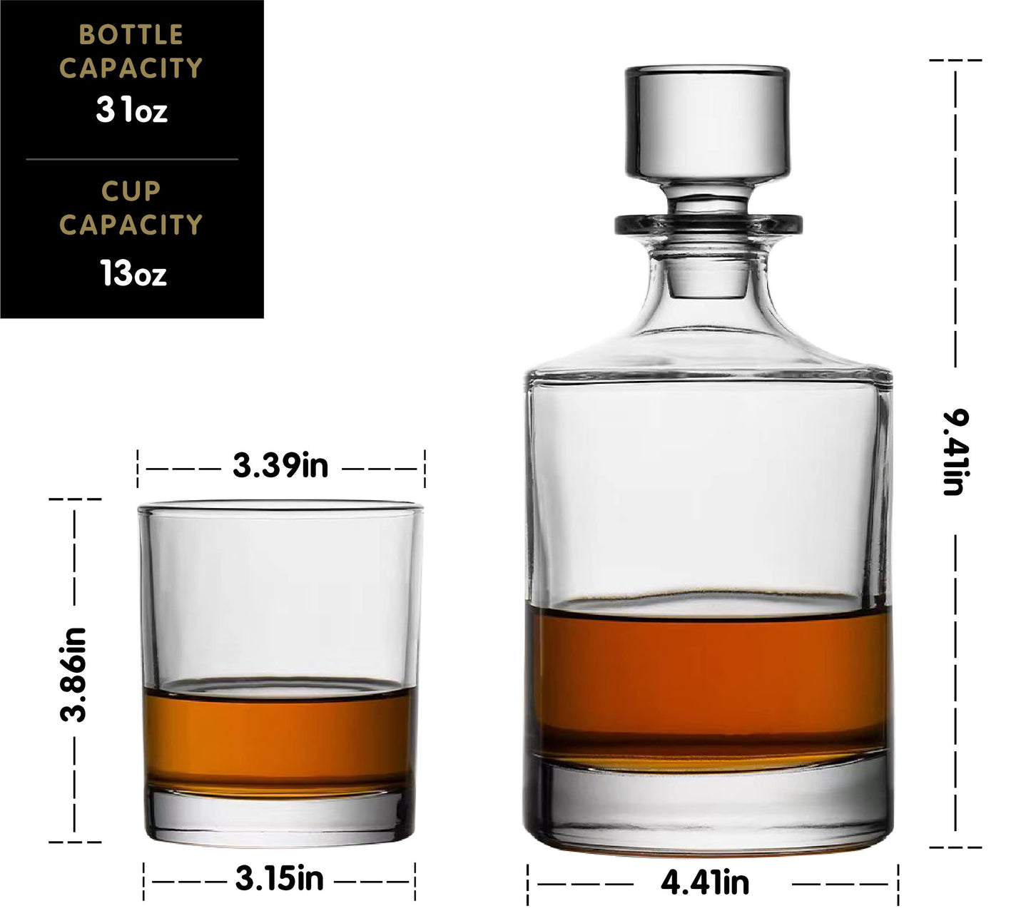 Whiskey Decanter Set with 4 Glasses in Gift Box by Verolux, Gifts for Men and Women, Classic Design with Glass Stopper 31Oz - Scotch, Liquor, Whisky, Bourbon, Gin, Rum, Tequila, Vodka and Brandy
