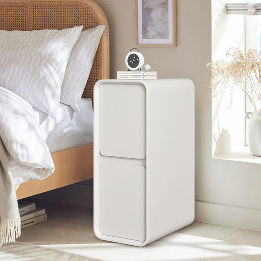 VVNO LIKK Narrow Nightstand, Solid Wood Night Stand for Small Spaces, Modern Cream Nightstand with 2 Storage Drawers, Slim Bedside Table for Bedroom Living Room (1pack)