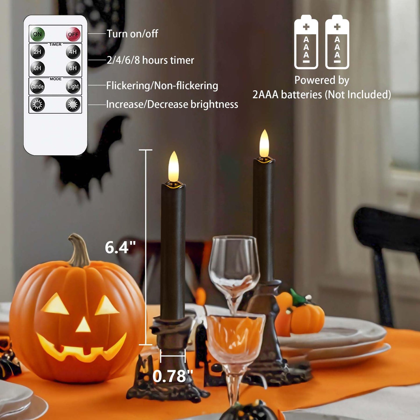 Yeelida Black Flameless LED Taper Candles with Remote Control, 0.78"x 6.4" Long Lasting Plastic Battery Operated Flickering Short Window Candlesticks for Halloween Festival Decoration, Pack of 6