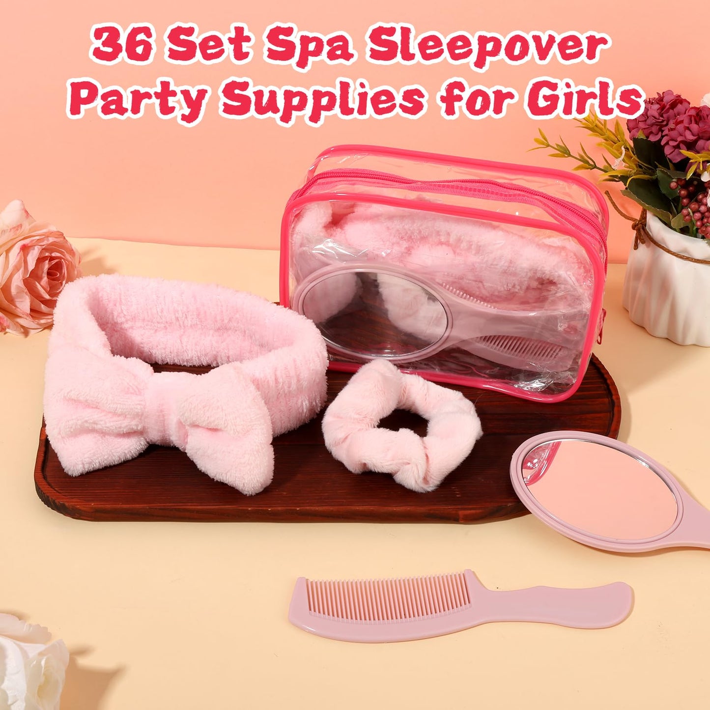 36 Set Spa Sleepover Party Supplies for Girls, 6 Pink Spa Headb 6 Pink Sleep Eye Mask 6 Velvet Hair Scrunchies 6 Organzer Bags 6 Mirrors 6 Combs for Slumber Party Spa Party Favors Gift Sleepover Party
