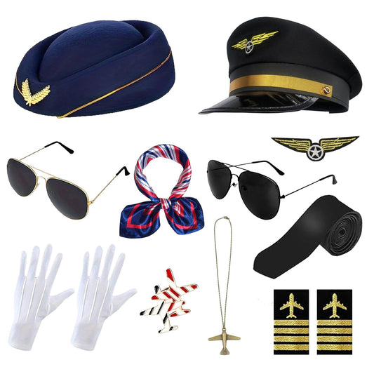 11 Pcs/2 Set Airline Pilot Captain Costumes Flight Attendant Accessories with Hat Sunglasses Scarf for Adult Dress Up Halloween Cosplay Party