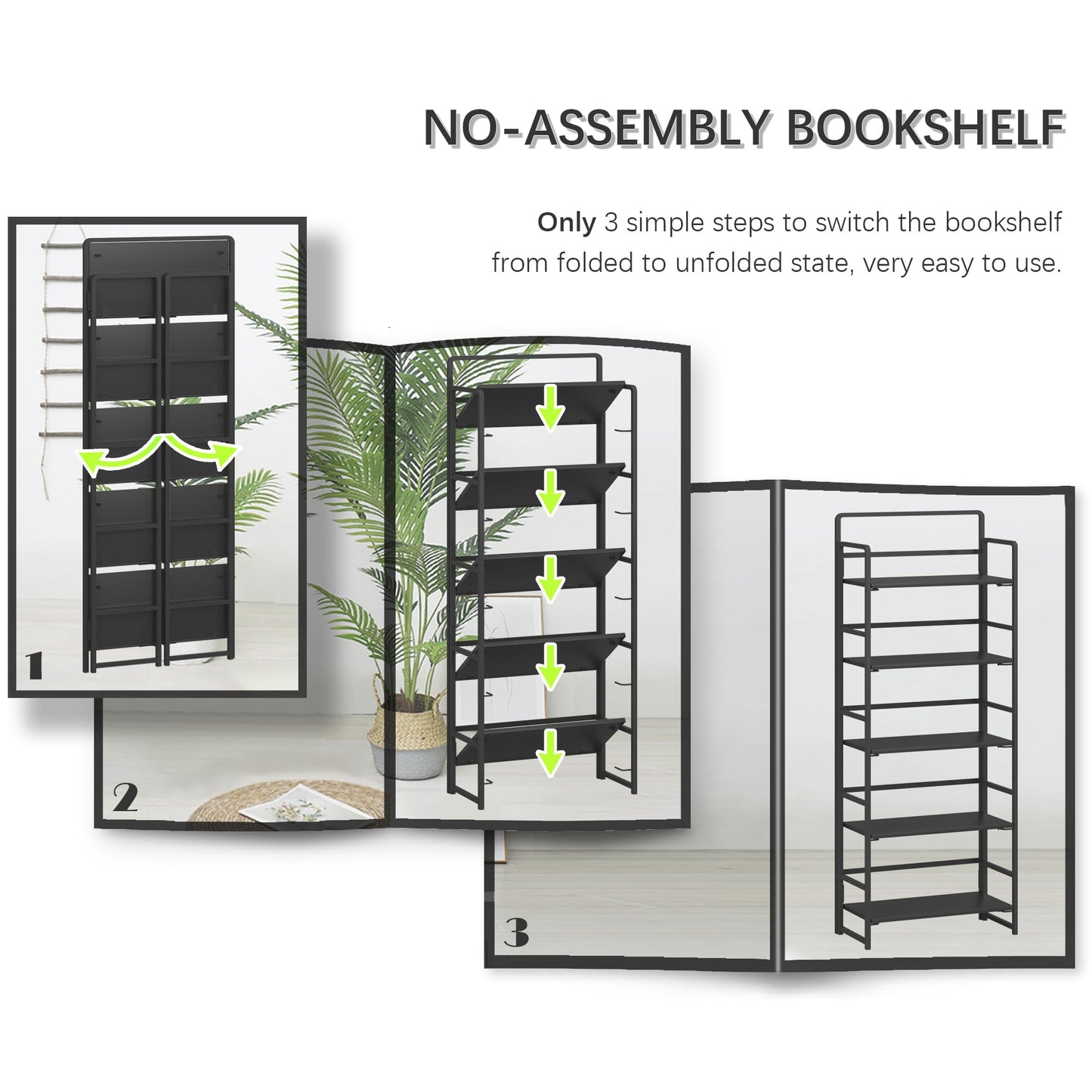 4NM No-Assembly 5 Tiers Folding Bookshelf Storage Shelves Vintage Bookcase Standing Racks Study Organizer Home Office (All Black)