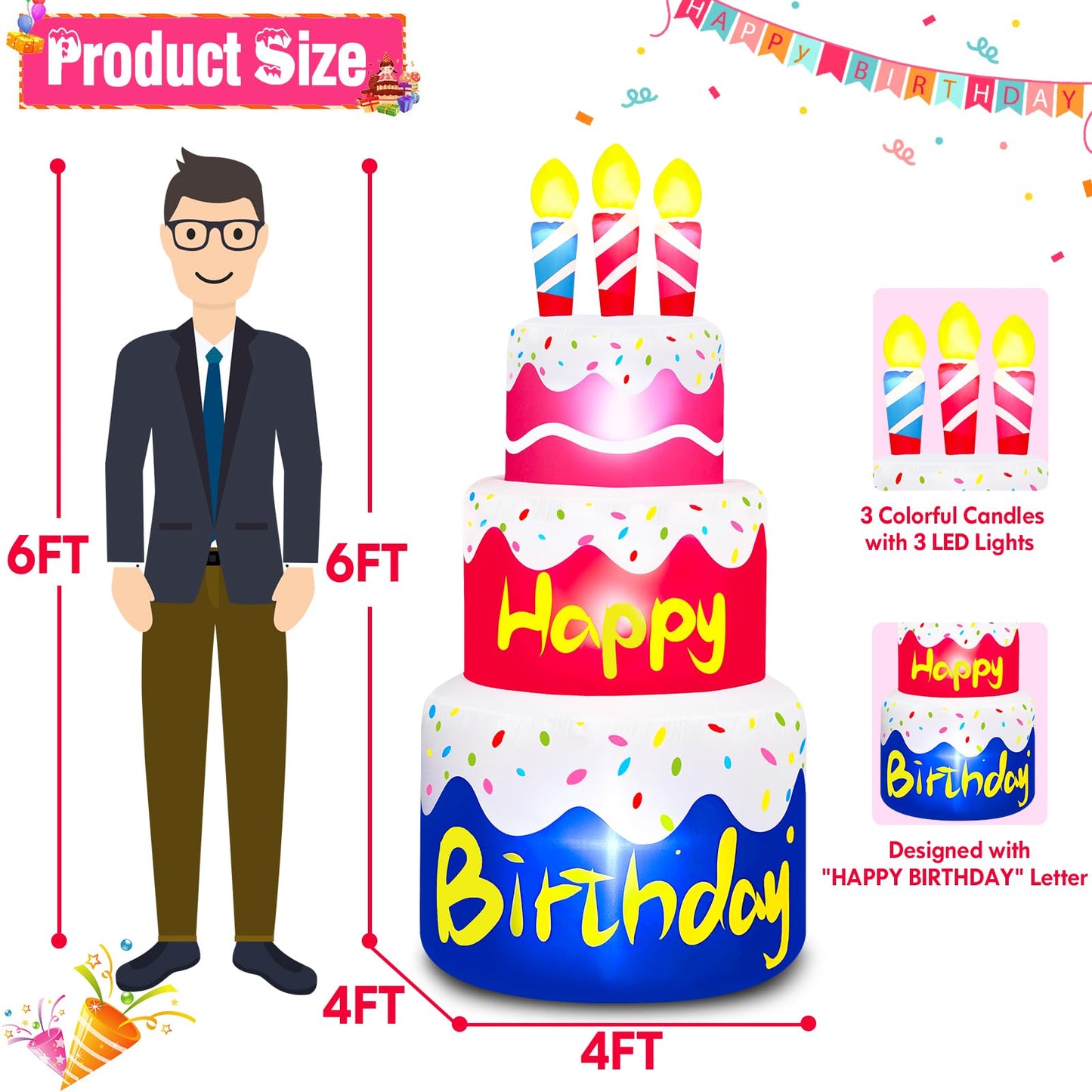 6 Ft Happy Birthday Inflatable Cake with Candles Outdoor Decorations Lighted Blow Up Holiday Birthday Party Decor with 6 LED Lights for Indoor Home Celebration Garden Lawn Yard Prop Sign