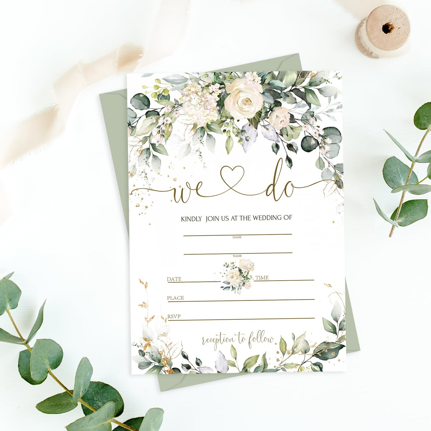 Whaline 25 Sets Greenery Floral Wedding Invitation with Envelopes Stickers Eucalyptus Leaves Blank Invites Cards for Bridal Shower, 5 x 7 Inch