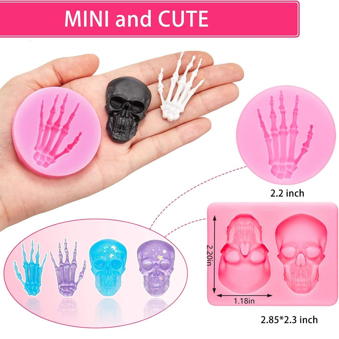 4 Pieces 3D Skeleton Hands Skull Silicone Fondant Molds Halloween Party Chocolate Candy Clay Moulds for DIY Chocolate, Cake, Pudding, Ice Cream, Epoxy Resin Mould, Pink