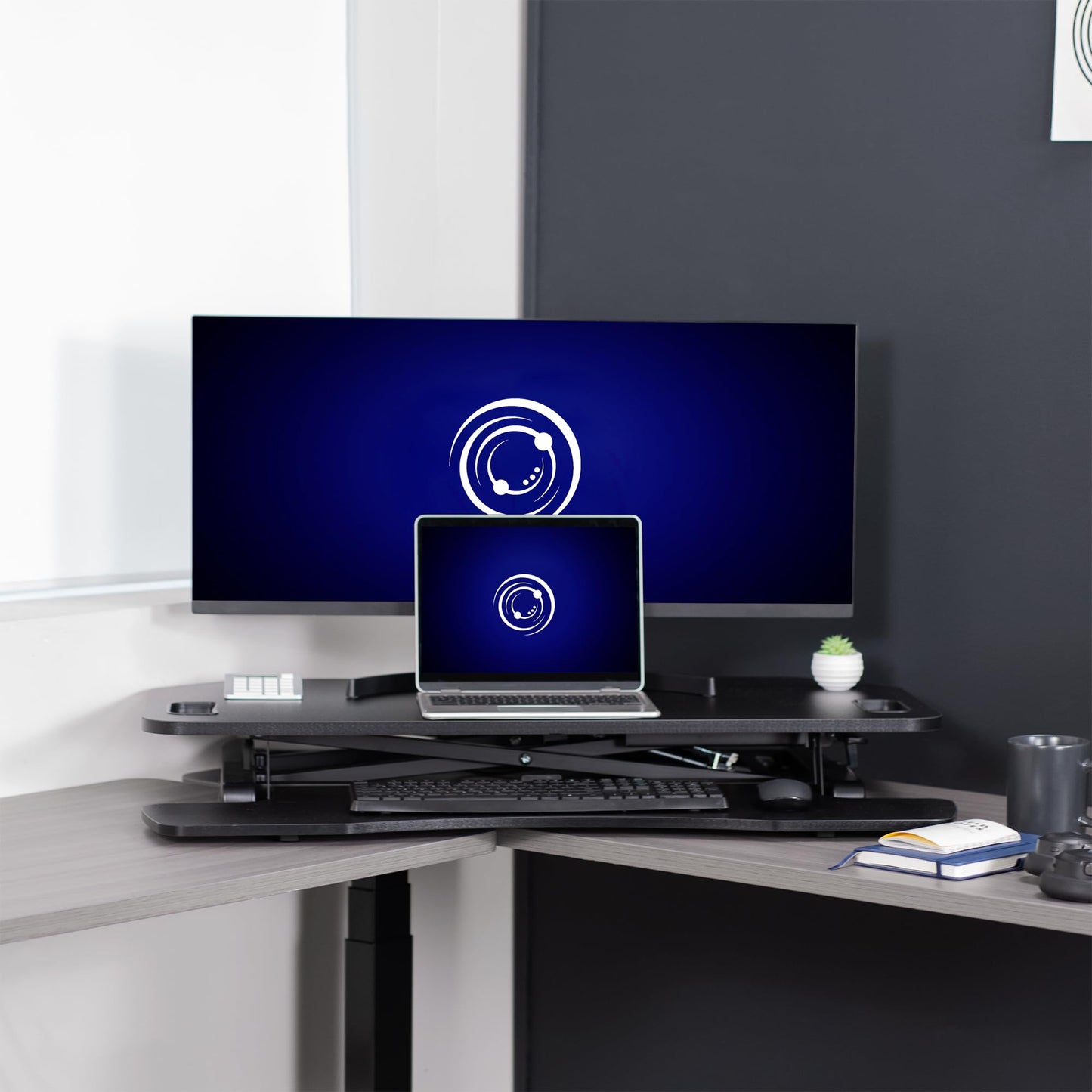 VIVO Extra Wide 38 inch Corner Desk Converter, K Series, Height Adjustable Sit to Stand Riser, Dual Monitor and Laptop Workstation with Wide Keyboard Tray, Black, DESK-V000KL