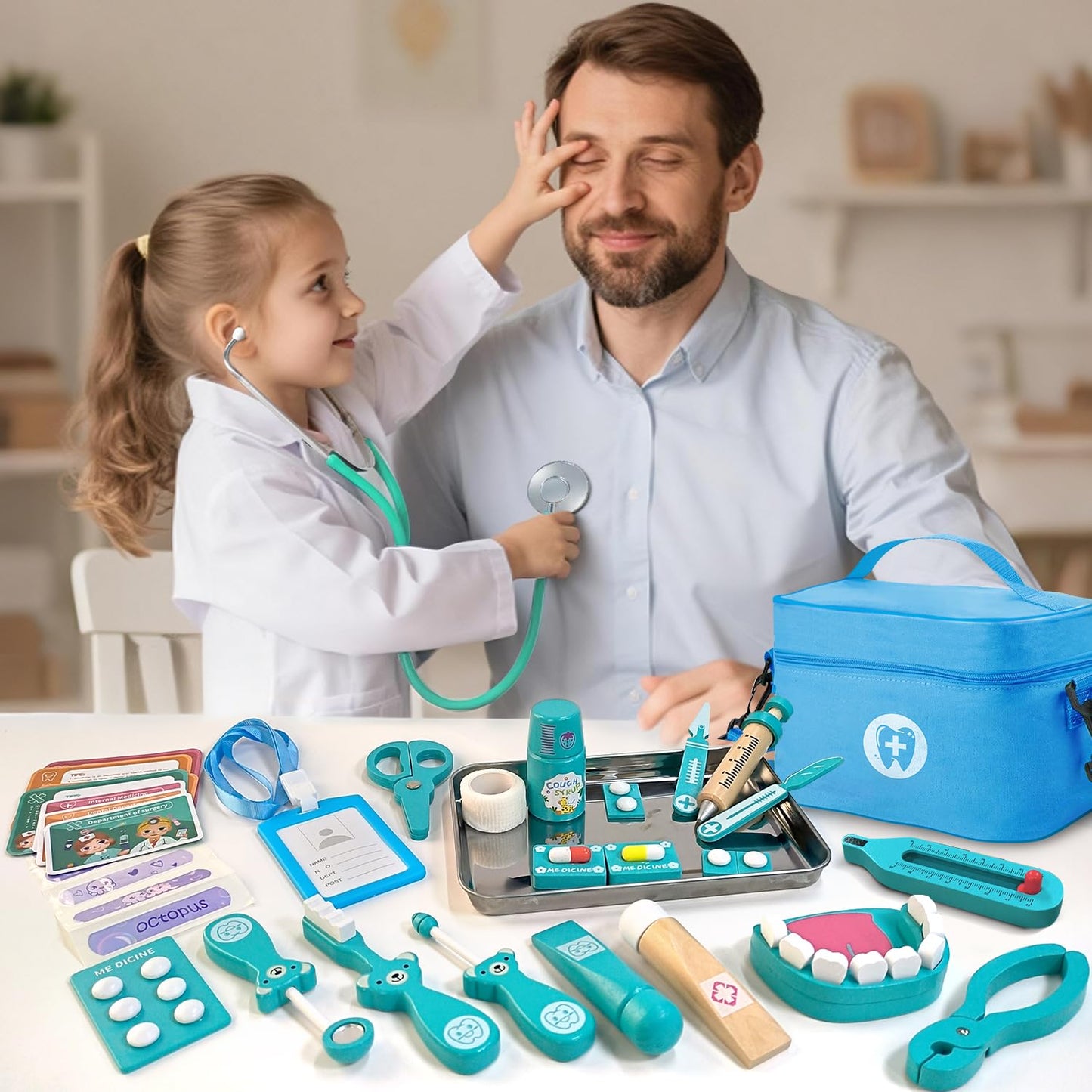 XZZO Doctor Kit for Toddlers 3-5, Wooden Kids Dentist Play Set, Doctor Play Set Pretend Play Toys for Toddlers , Realistic Wooden Medical Kit Role Play Set, Gifts for Boys Girls 3+ Years