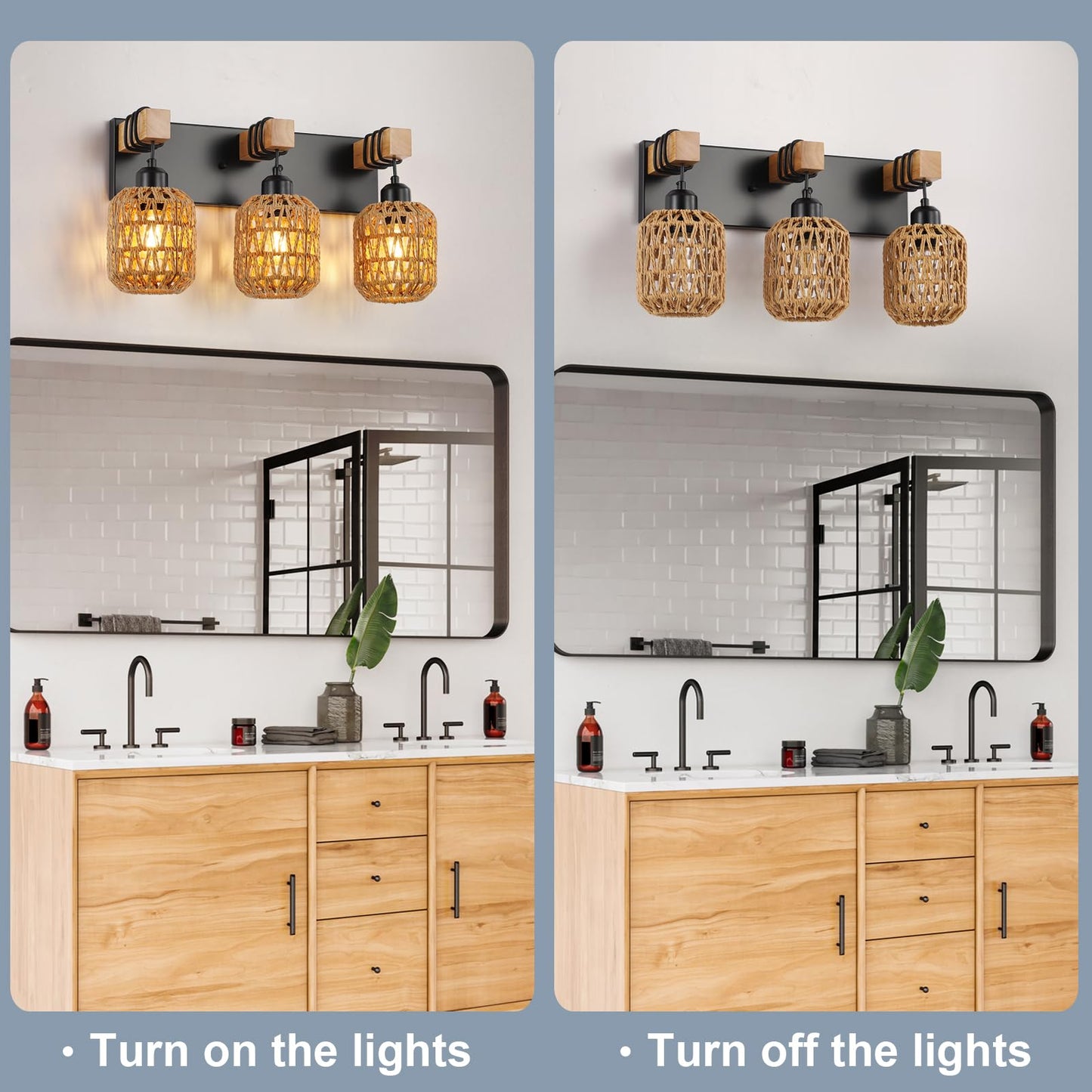 3 Light Bathroom Vanity Light Fixtures， Rustic Style Wood Bathroom Wall Sconce， with Boho Wicker Lampshade，Suitable for Bedroom, Hallway, and Living Room，Rattan Black Farmhouse Wall Sconce