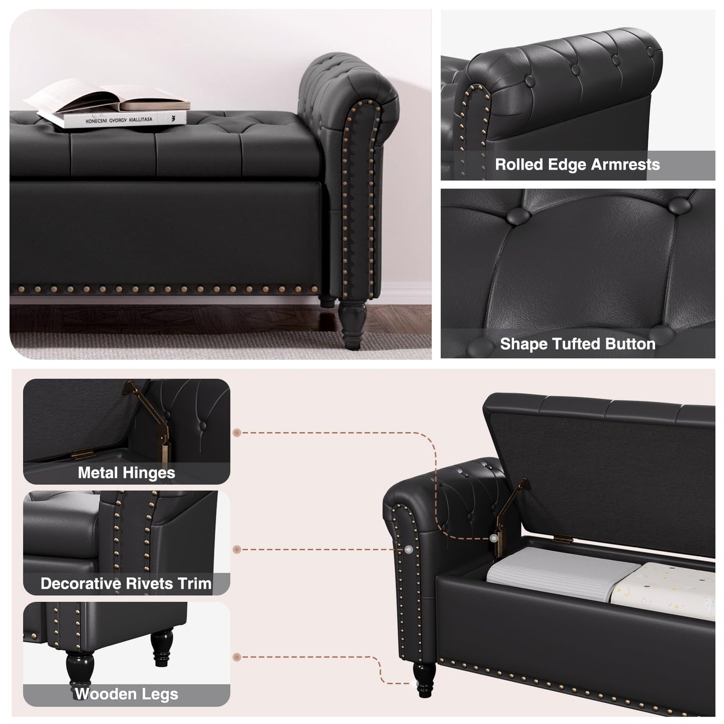65 Inch Bedroom Bench, End of Bed Bench with Storage, Bed Benches for Foot of Bed, Faux Leather Window Bench with Tufted Button and Nailhead Trim, Upholstered Storage Bench with Rolled Arms, Black