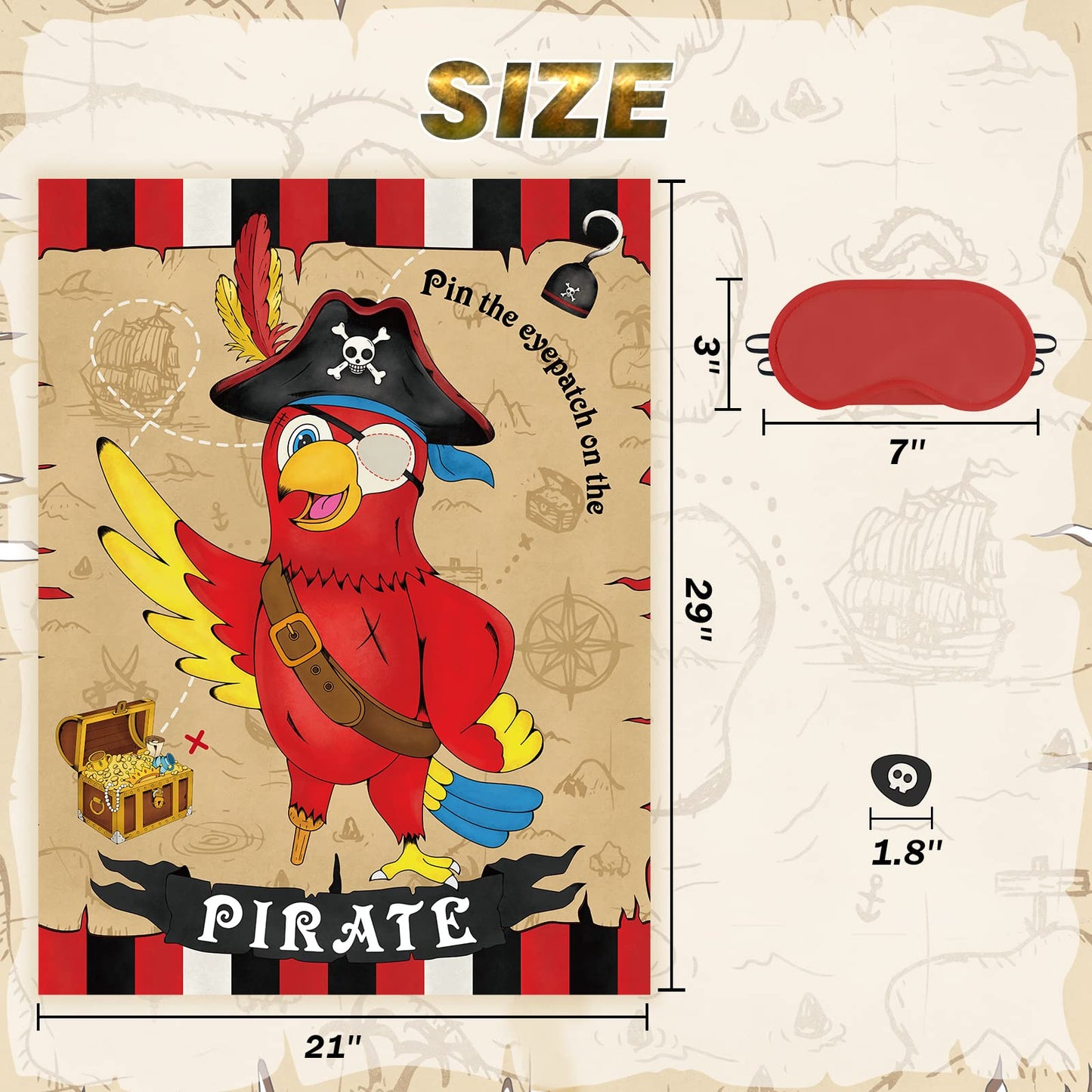 WERNNSAI Pin The Eye Patch on The Pirate - Kids Birthday Party Games Pirate Party Decorations for Kids Boys 28'' x 21'' Parrot Poster with 24 PCS Stickers Halloween Birthday Party Favor