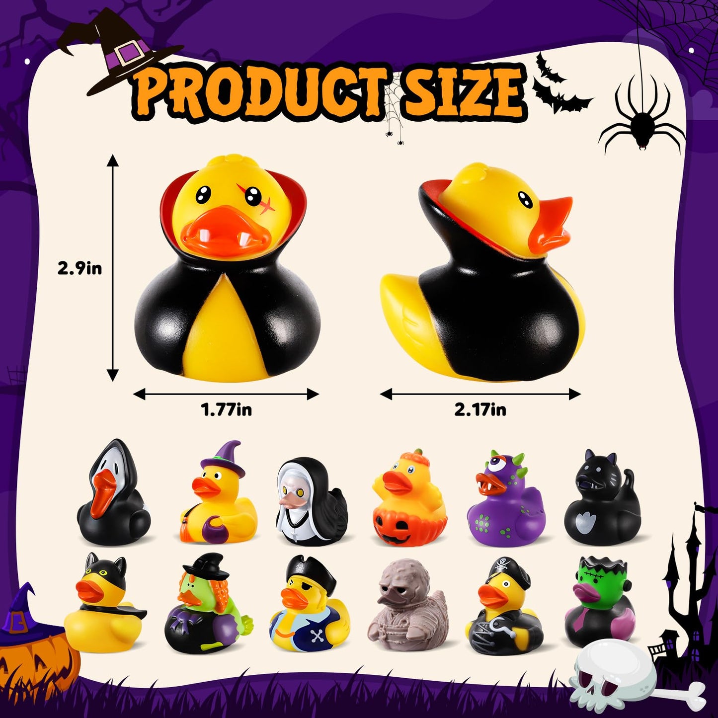 24 PCS Halloween Rubber Ducks with Bag, Bulk Halloween Ducks Toys for Jeeps Ducking Party Favors Goodie Bag Stuffers, Horror Ducks for Halloween Treats Non Candy Prizes Bath Toys Gifts for Kids