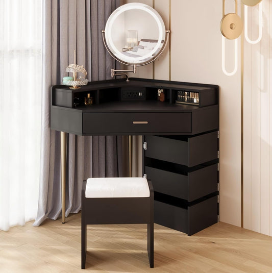 Vliekcy Black Corner Vanity Desk Makeup Vanity Table with Extendable Mirror and Lights Makeup Dressing Table with Drawers Charging Station Stool Vanity Set for Girls Women
