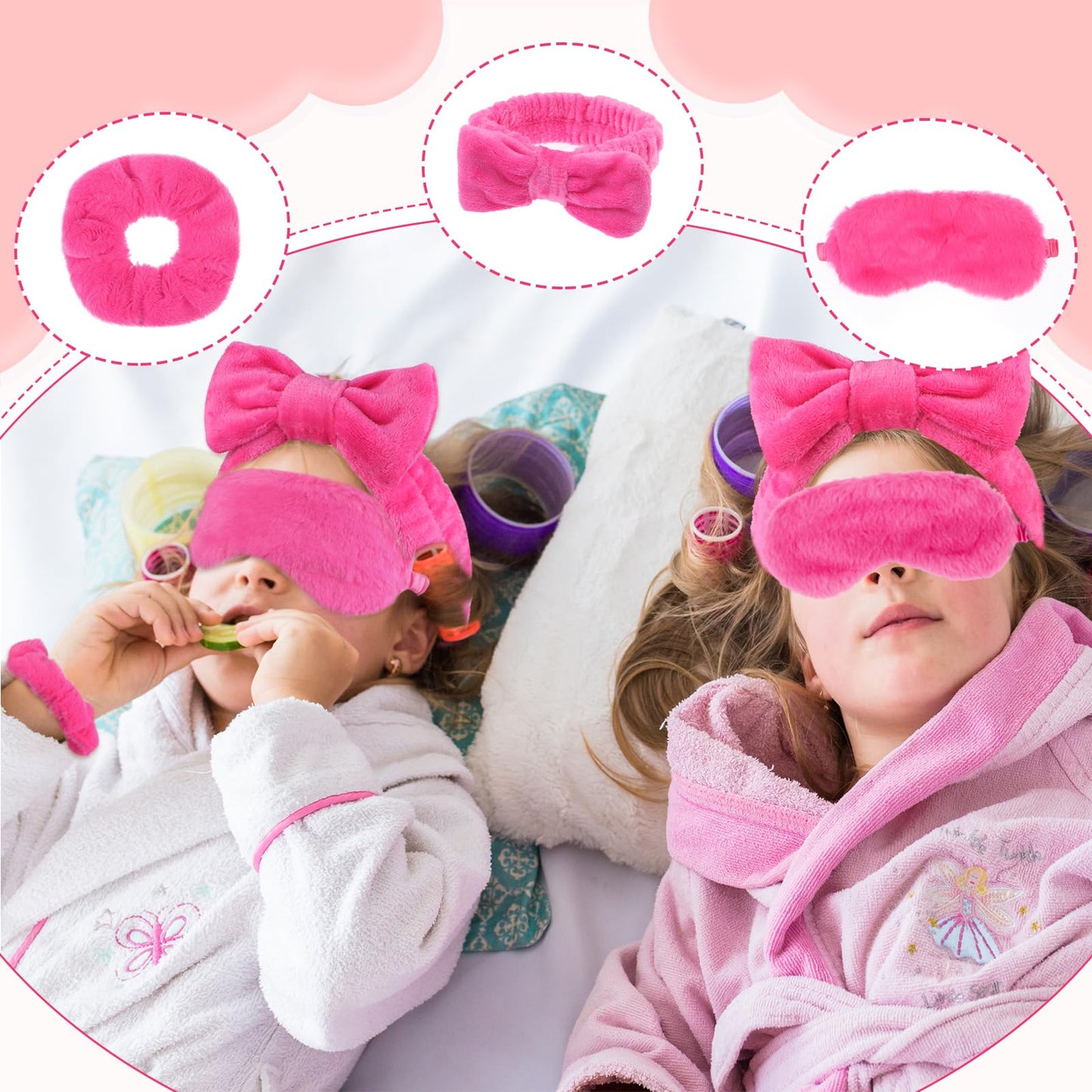 30 Pcs Sleepover Party Supplies for Girls Include 6 Bow Makeup Headband 6 Plush Sleep Eye Mask 6 Velvet Scrunchies 6 Makeup Remover Cloth 6 Clear Cosmetic Bags for Slumber Spa Party Favors Rose Red