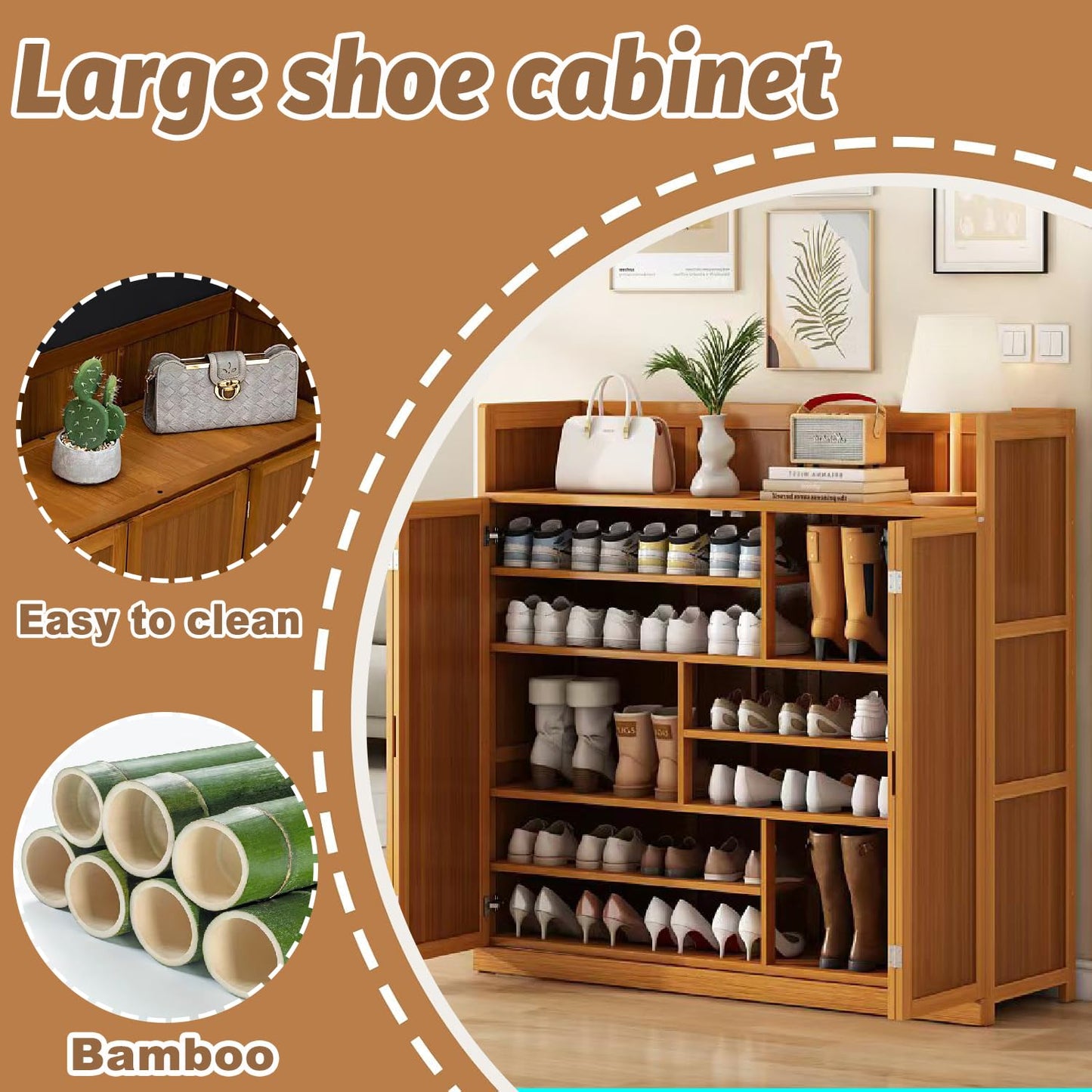 WMIASIN Bamboo Shoe Cabinet, 8-Tier Shoe Cabinet with Doors, 36-40 Pairs Freestanding Shoes of Heels Sneakers,Shoes Organizer Rack for Entryway, Hallway, Living Room