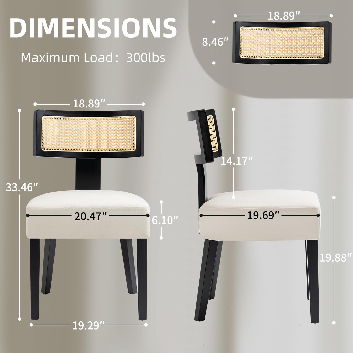 WQSLHX Rattan Dining Room Chairs Set of 4, Mid-Century Modern Kitchen Chair with Cane Back & Wood Frame in Black Finish, Beige Linen Upholstered