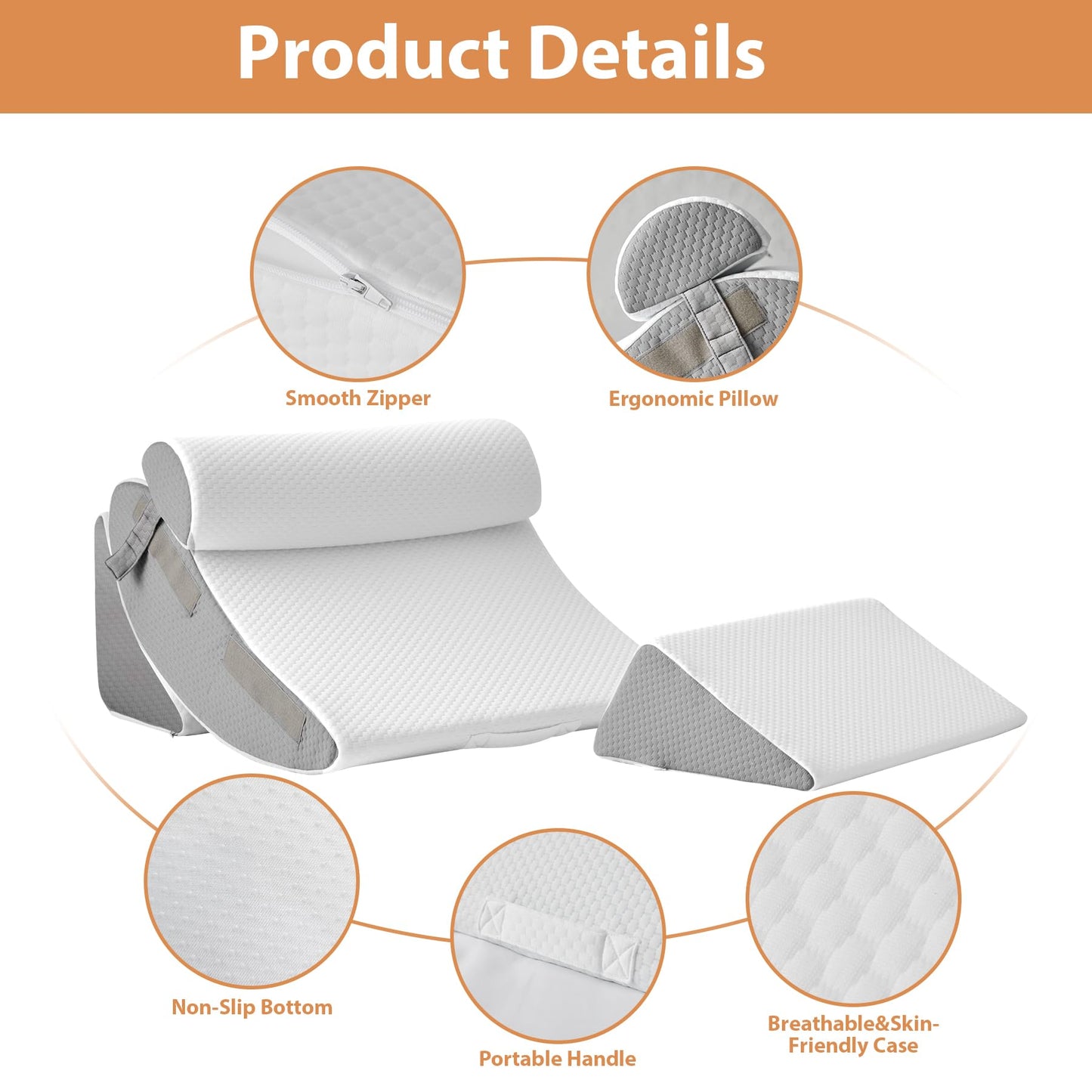 4PCS Wedge Pillow Set for After Surgery, Orthopedic Bed Wedge Pillow for Back Pain Relief, Sitting up in Bed,Recovery, Acid Reflux, Snoring, Body Pillow for Sleeping,Leg,Shoulder Support, White/Grey