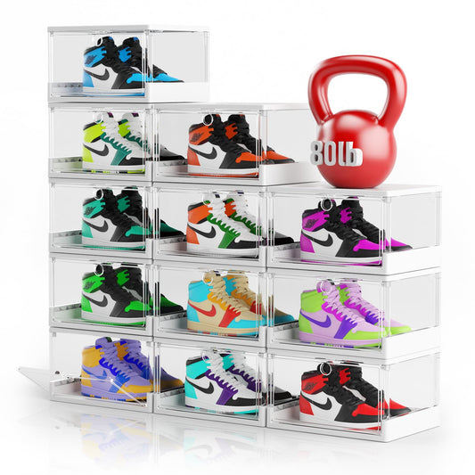 XUPAINC Thicken & Sturdy Clear Shoe Boxes with Magnetic Door, 12 Pack Stackable Boxes for Closet, Sneaker Storage for Sneakerhead, Shoe Display Case, Boots and Hat Organizer, Fits US Size 13
