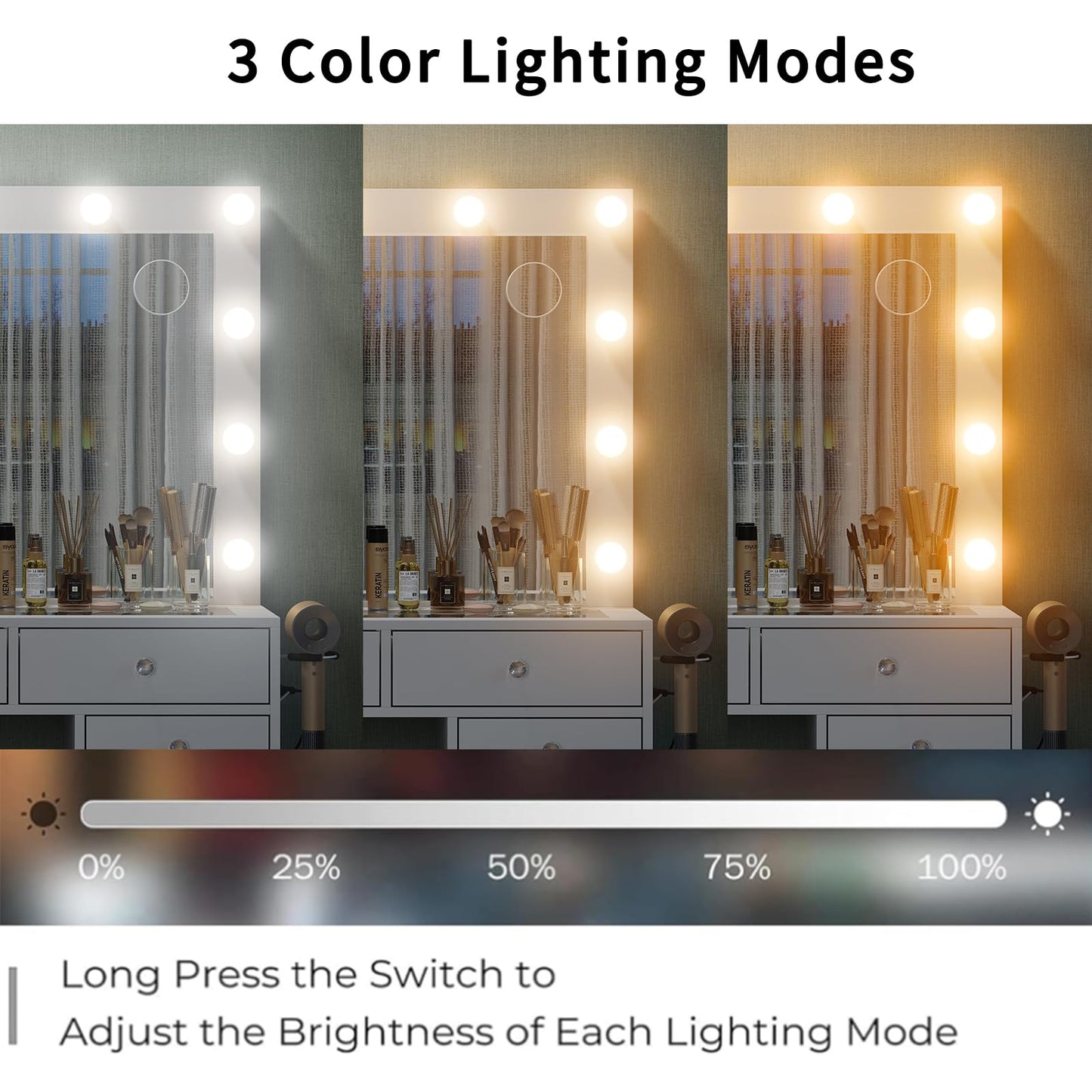 Yanosaku 15 Drawers Makeup Vanity with Charging Station, Vanity Desk with 12 LED Bulbs and HD Mirror, 3 Color Brightness Adjustable, Vanity Set for Bedroom, White