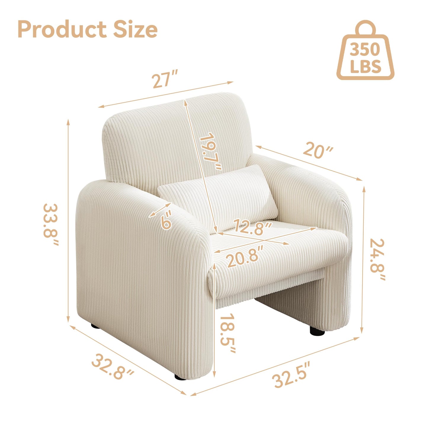 WUTUTUEE Corduroy Fabric Accent Chair, Modern Upholstered Living Room Chairs with Lumbar Pillow, Wide Comfy Leisure Armchair for Bedroom, Office, Reading, White