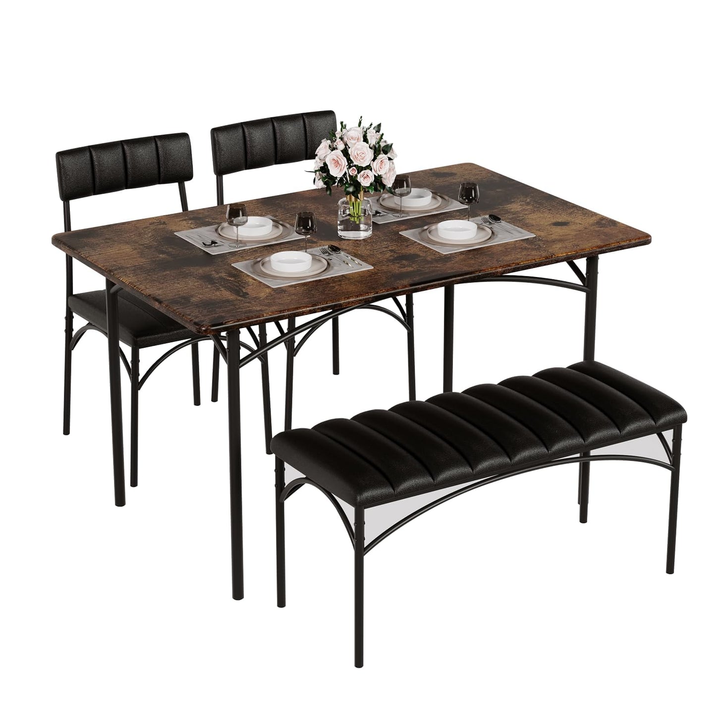 4 EVER WINNER Dining Table Set for 4, Kitchen Table with Upholstered Bench and 2 Chairs, Dining Room Set for Small Space, Apartment, Kitchen, Rustic Brown