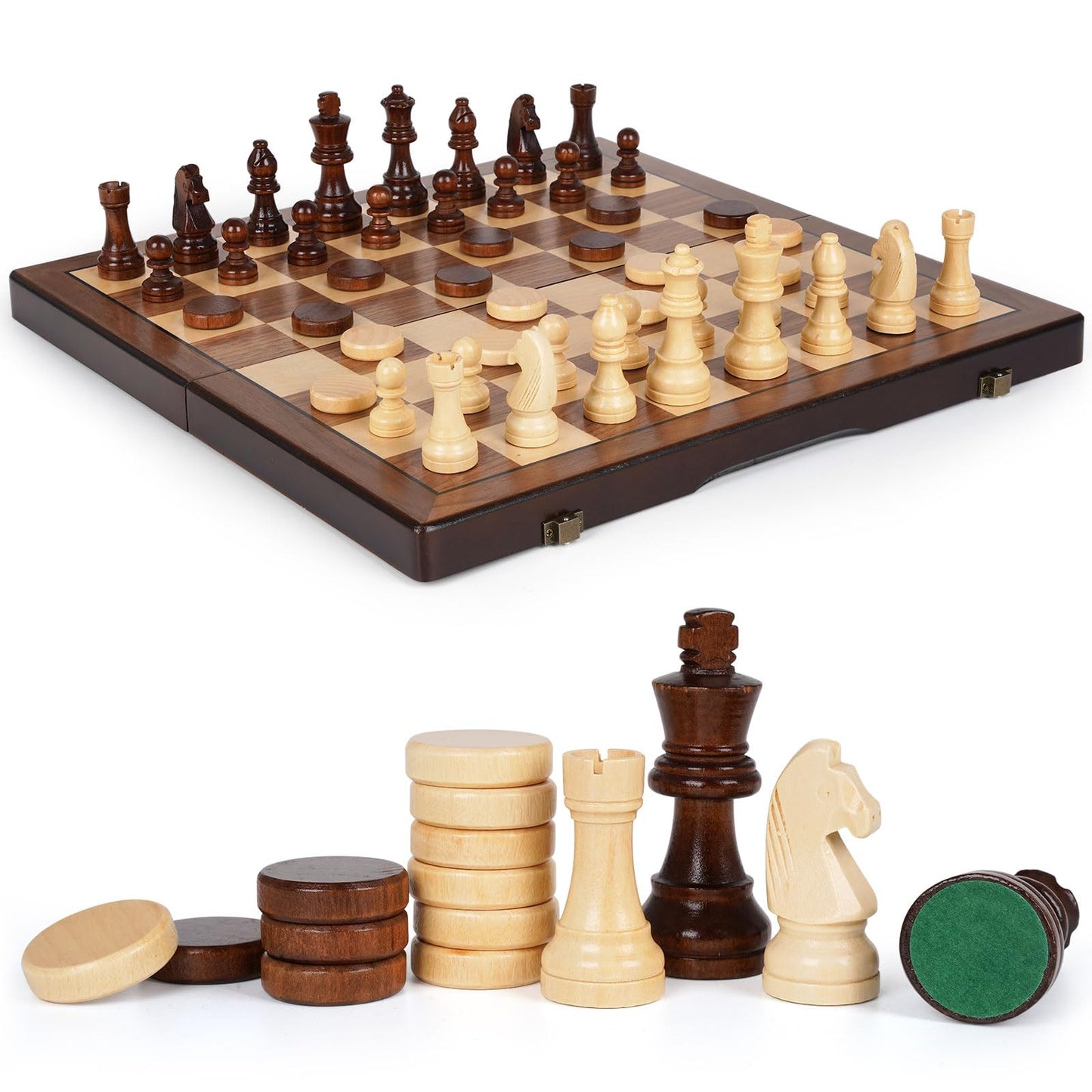 2 in 1 Magnetic Chess Set and Checkers Board Game Set 15" Wooden Folding Chess Board with 2 Extra Queens Travel Chess Sets Family Board Game Gift for Kids, Adults Portable Elegant Classic Chess Game