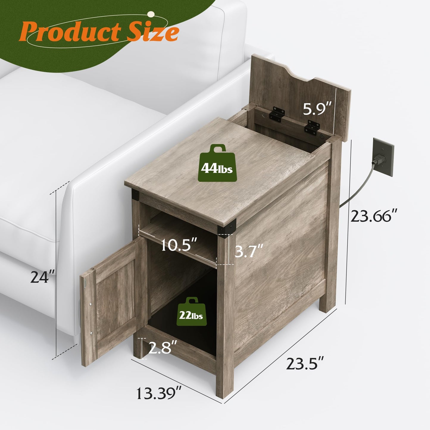 WLIVE Farmhouse End Table with Charging Station, Narrow Side Table for Living Room, Bedroom, Small Nightstand with Storage, USB Ports and Outlets, Small Wooden Cabinet, Greige