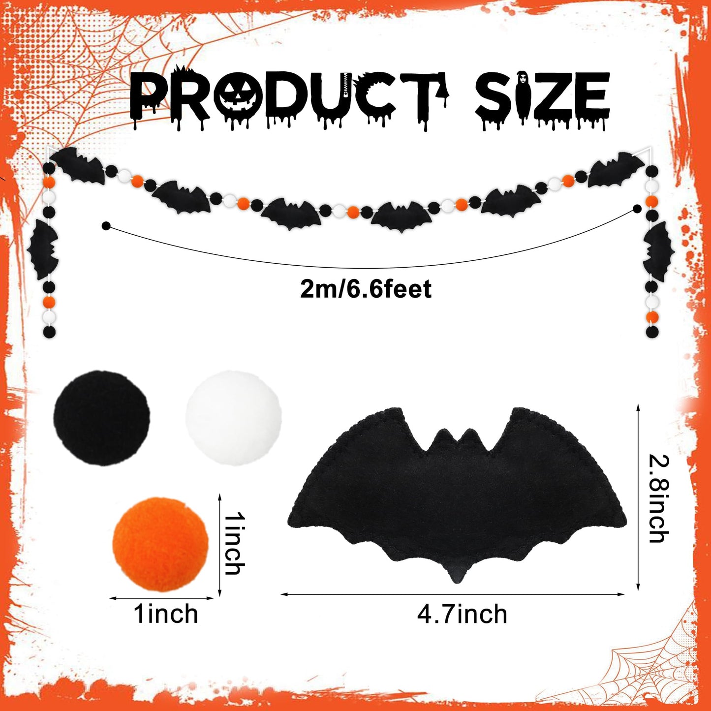 6.6Ft Halloween Felt Bats Banner Pre-Assembled 3D Bat Felt Hanging Garland Pompom Ball Bunting Banner Black White Orange Halloween Decor for Haunted Houses Doorways Home Mantel Decoration