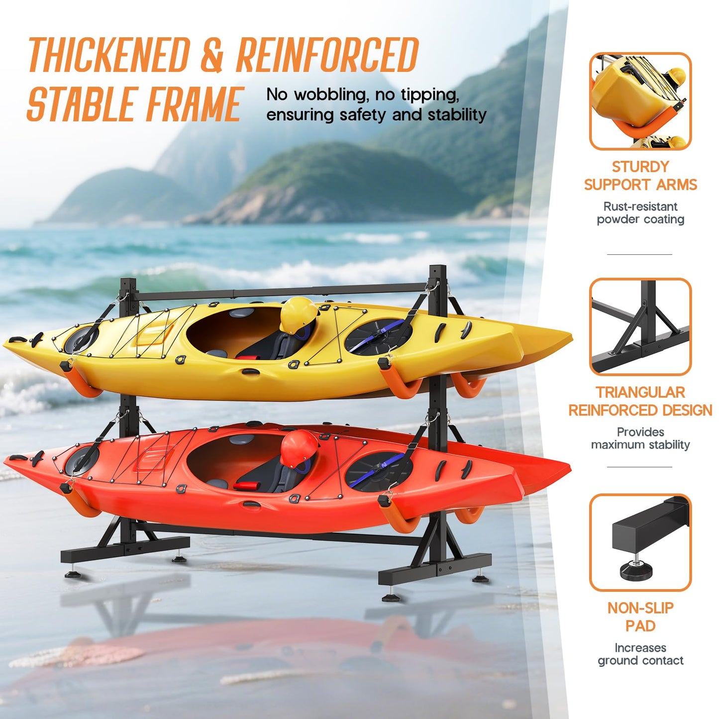 SPECRAFT Freestanding Kayak Storage Rack for 4 Kayaks, Adjustable Width Stand with Stable Base, 8 Elastic Ropes, EVA Tube Sleeves, for Indoor Outdoor Garage