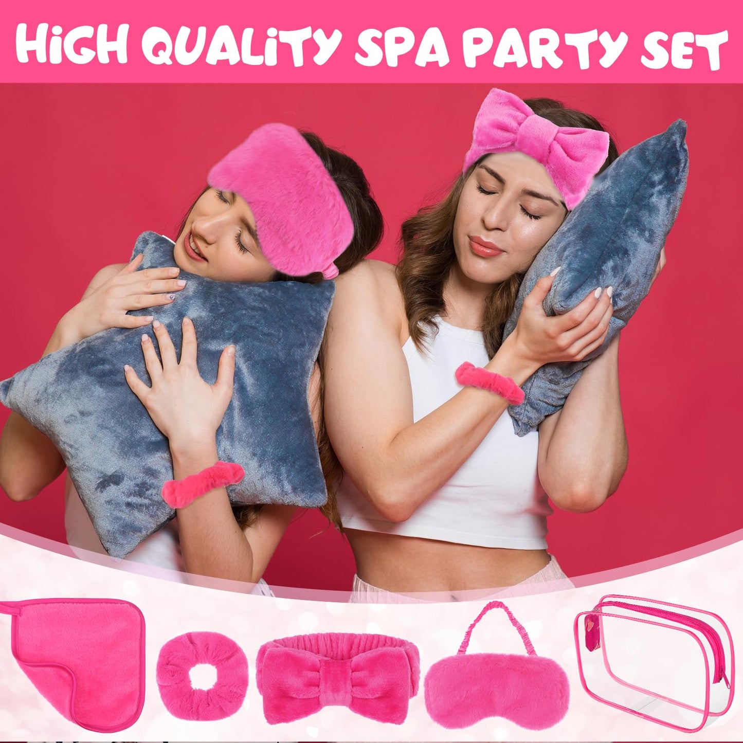 30 Pcs Sleepover Party Supplies for Girls Include 6 Bow Makeup Headband 6 Plush Sleep Eye Mask 6 Velvet Scrunchies 6 Makeup Remover Cloth 6 Clear Cosmetic Bags for Slumber Spa Party Favors Rose Red