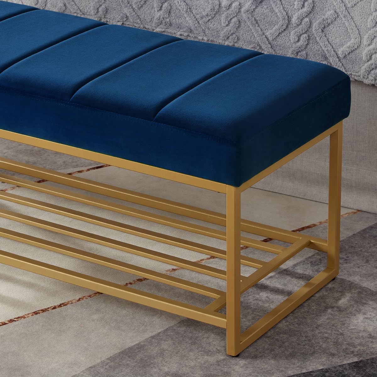 24KF Navy Velvet Upholstered End of Bed Bench with Metal Shelf, Modern Tufted Channel Entryway Bench Footboard Bench for Living Room, Bedroom, Gold Bench,5036-Navy