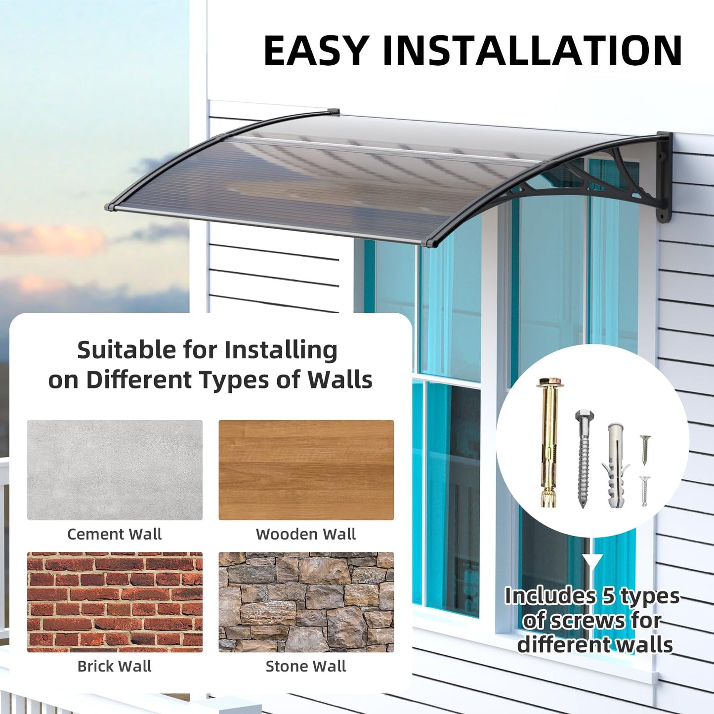 Window Awning Door Canopy 32"x120", Awnings for Doors Polycarbonate Cover Patio Door Awning UV Rain Snow Sunlight Protection Hollow Sheet, Black Bracket & Brown Board