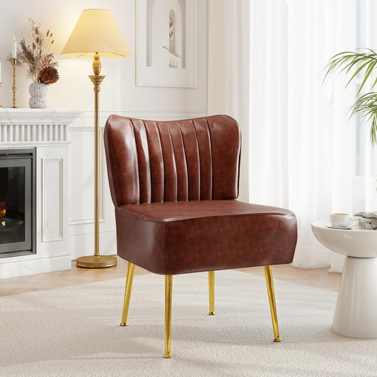 Accent Chair,Modern Armless Accent Chair for Living Room,Modern Comfy Accent Chairs,PU Leather Upholstered Chair with Soft Cushion for Bedroom, Balcony, Lounge, or Reading Living Room,Brown