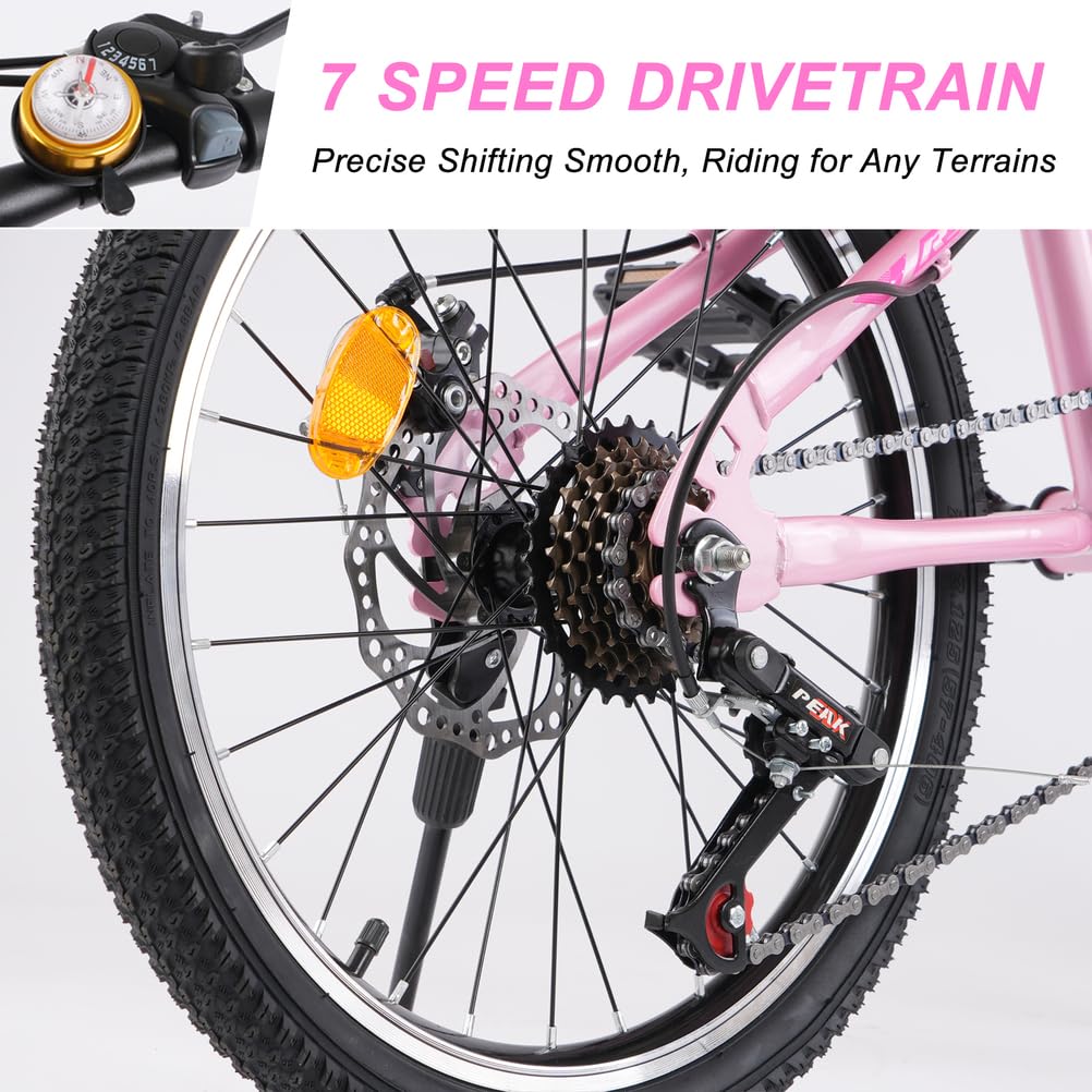 20 24 Inch Kids Mountain Bike, Children Bicycles for Boys and Girls Ages 6-12, 7 Speed Teenager Bikes with Disc Brakes, Adjustable Handlebars and Seat, Kickstand,Pink,20 Inch