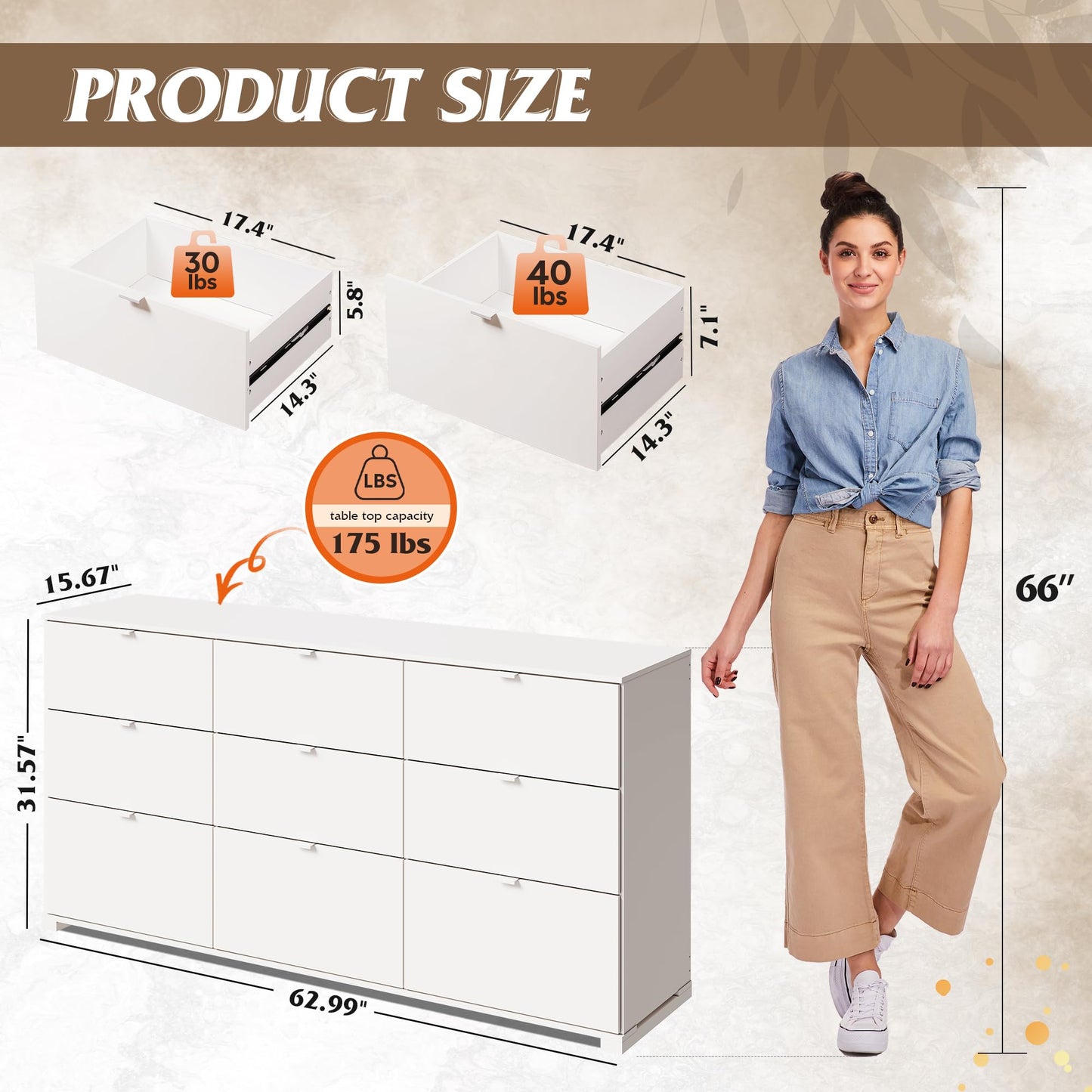 WLIVE 9 White Drawer Dressers, Modern Large Wood Dresser Chest for Bedroom Organize with Sturdy Metal Handle, TV Stand for 75 inch TV, Living Room Office, Hallway, Ball Bearing Slide (63" W)