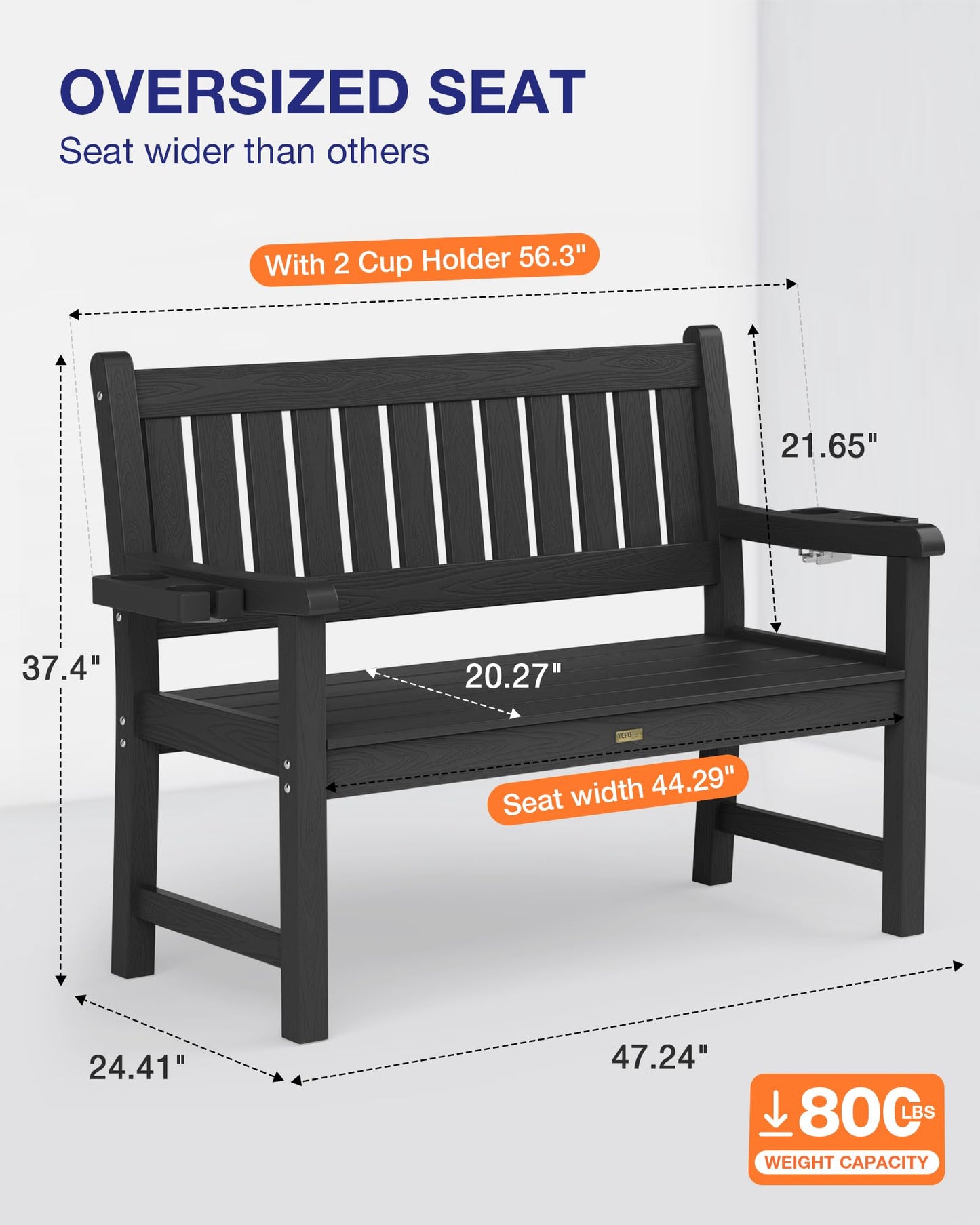YEFU Outdoor Bench for Patio Waterproof: Heavy Duty 2-Person Garden Bench with 2 Cup Holders & Oversized Seating - HIPS Weatherproof Patio Benches for Front Porch Backyard Park, Black