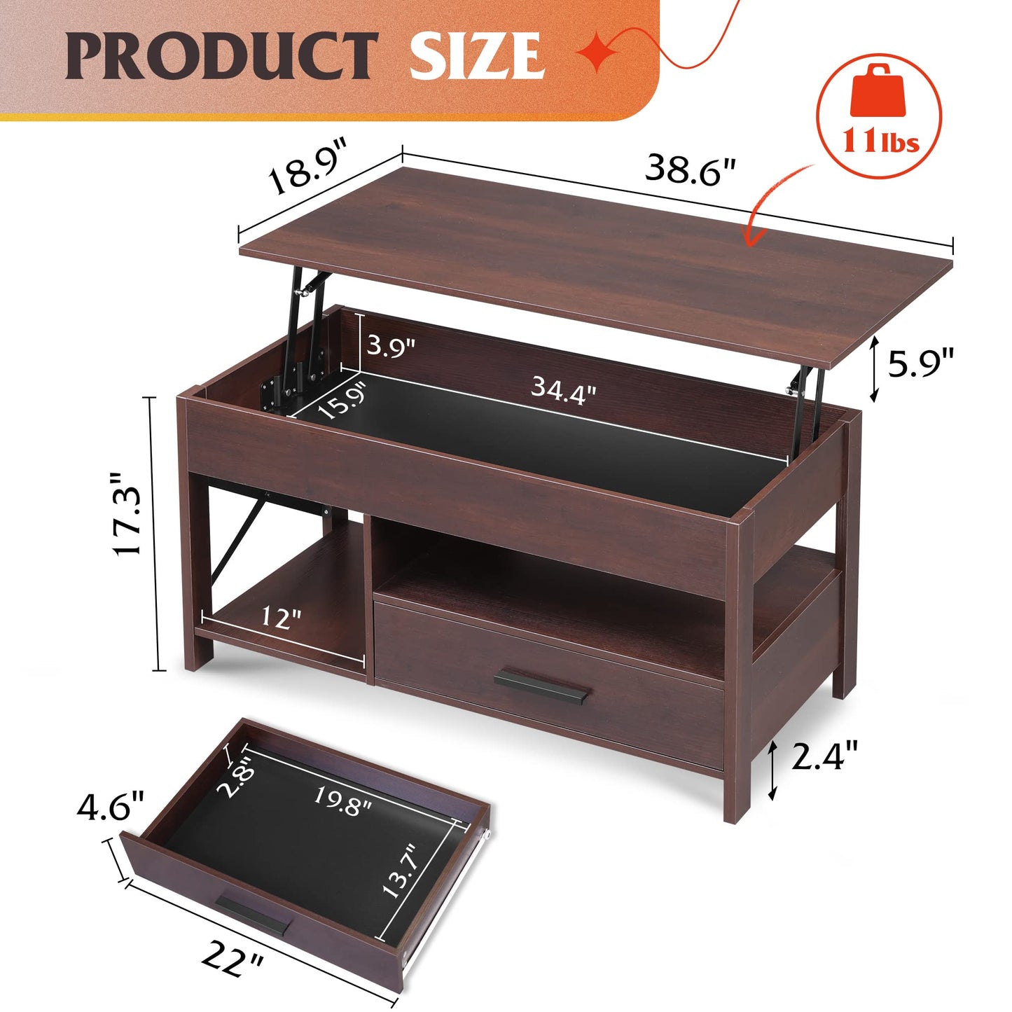 WLIVE Coffee Table, 39" Lift Top Coffee Table with Storage Drawers, Hidden Compartment, Wooden Center Table for Living Room, Home, Rustic Oak