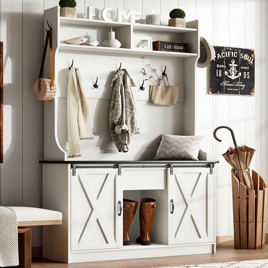 4ever2buy Hall Tree with Bench and Shoe Storage, 5-in-1 Entryway Bench with Coat Rack, Entryway Hall Tree with Adjustable Shelf, White