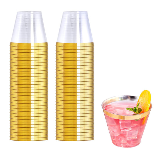 WELLIFE 120 PCS Gold Plastic Cups,9 oz Clear Plastic Cups,Disposable Wine Glasses,Disposable cups for Party and Wedding
