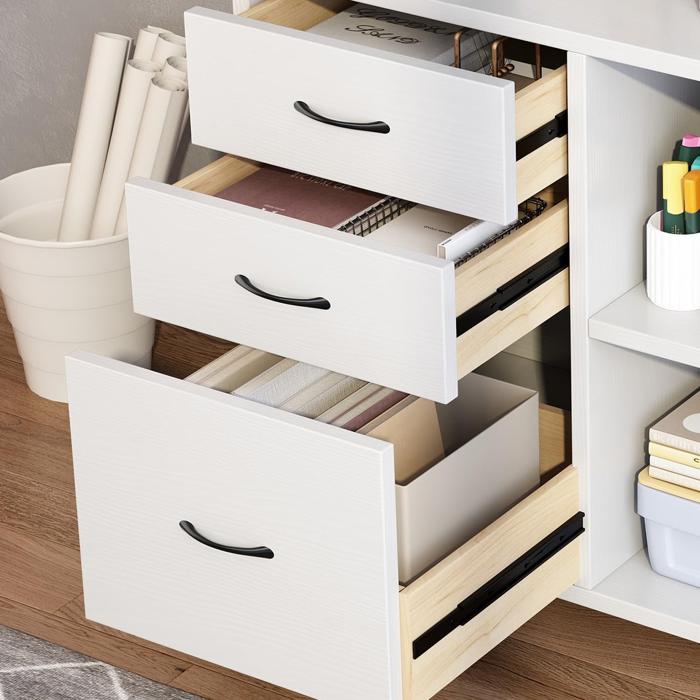 3 Drawer office furniture storage cabinet，Office Pedestal Files storage cabinet，Printer Stand with Open Storage Shelves and Rolling Wheels for Office and Home Organization,black and white (White)