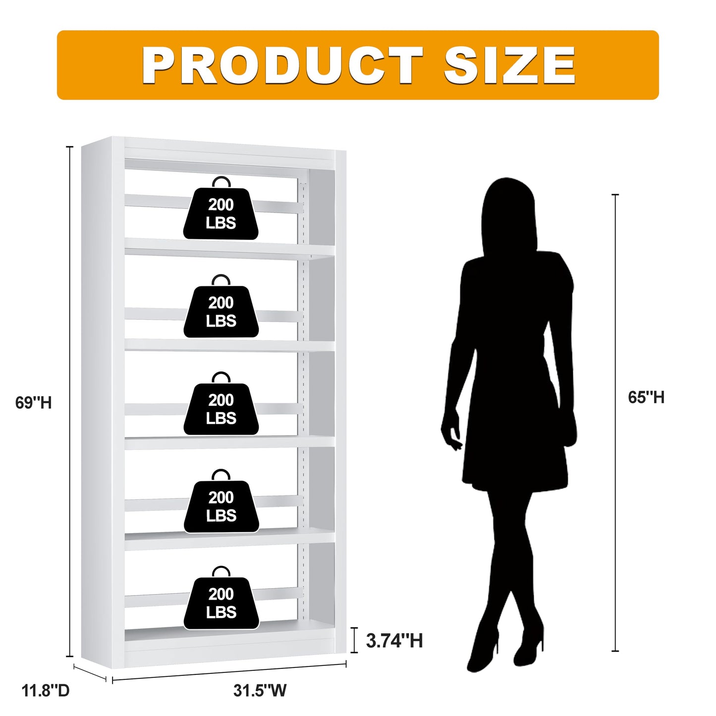 White Bookshelf, Adjustable 5 Tier Bookshelf, 69" H Modern Tall Bookcase, Metal Industrial Bookshelves and Bookcases for Living Rooms, Home Offices, Library, 10 Minutes Assemble