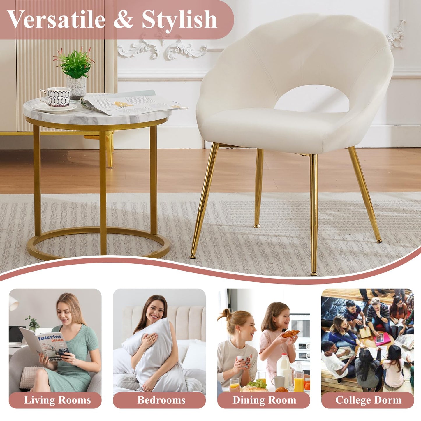 YDcosyfy Modern Small Accent Chair Set of 2, Comfy Velvet Vanity Chair with Shell Back & Golden Metal Legs, Decorative Chair no Wheels for Living Room, Makeup Room, Bedroom, Beige