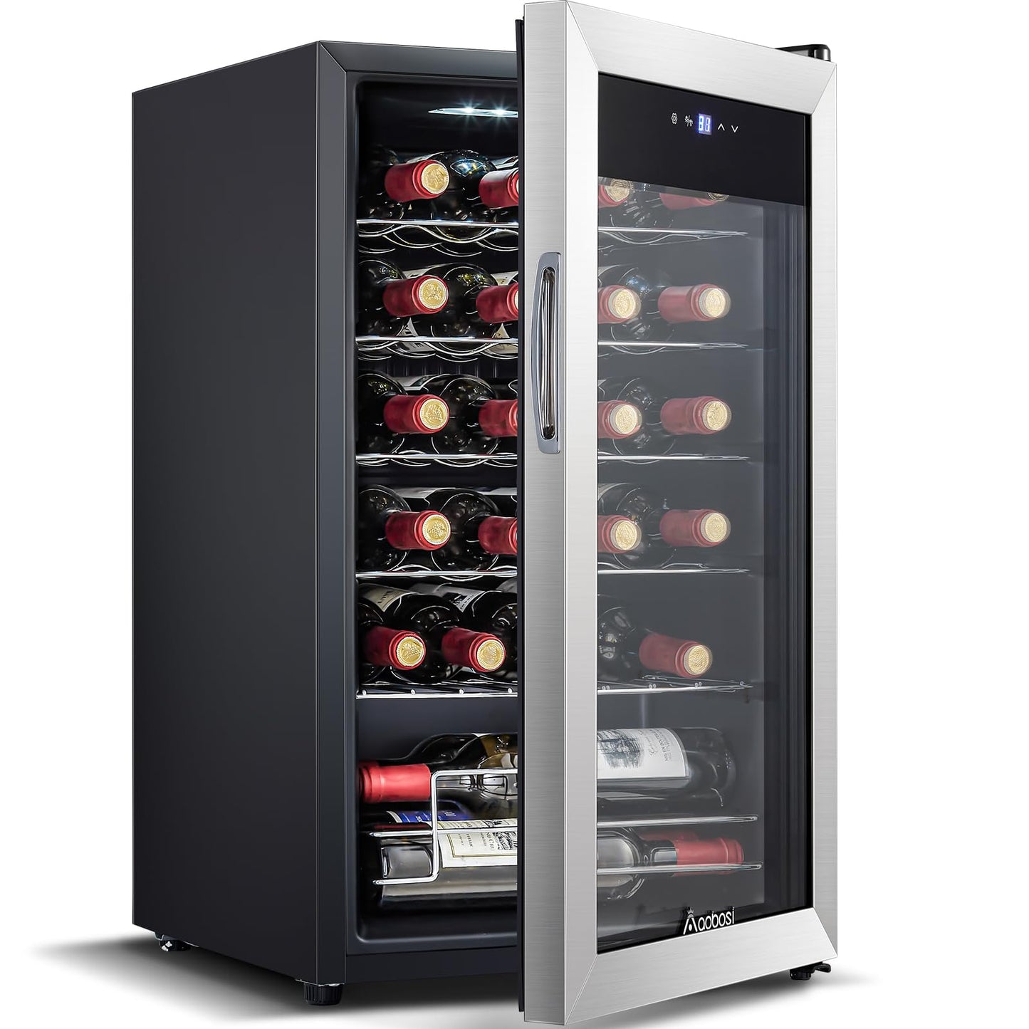 AAOBOSI 17 Inch Wine Cooler, 24 Bottles Wine Fridge, Wine Refrigerator Small with LED Display Light, Freestanding Wine Cellar with Low Noise Compressor, Adjustable Shelves
